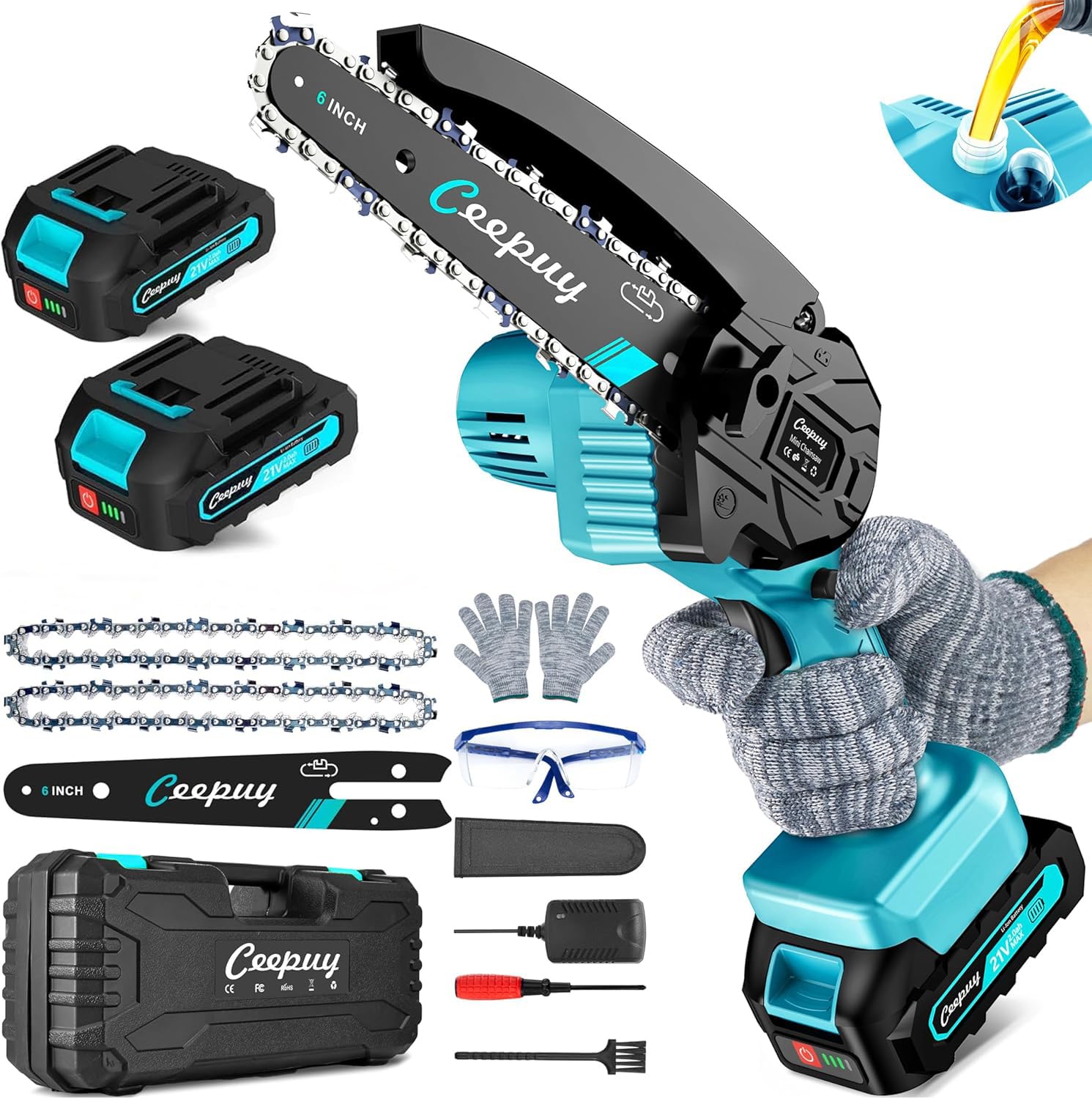 CEEPUY Mini Chainsaw Cordless,6 Inch Portable Electric Chain Saw, Automatic Oiler, Battery Powered Small Handheld Saw, Security Lock Trees Branches Trimming,Wood Cutting, 2 Batteries 2 Chains 2026