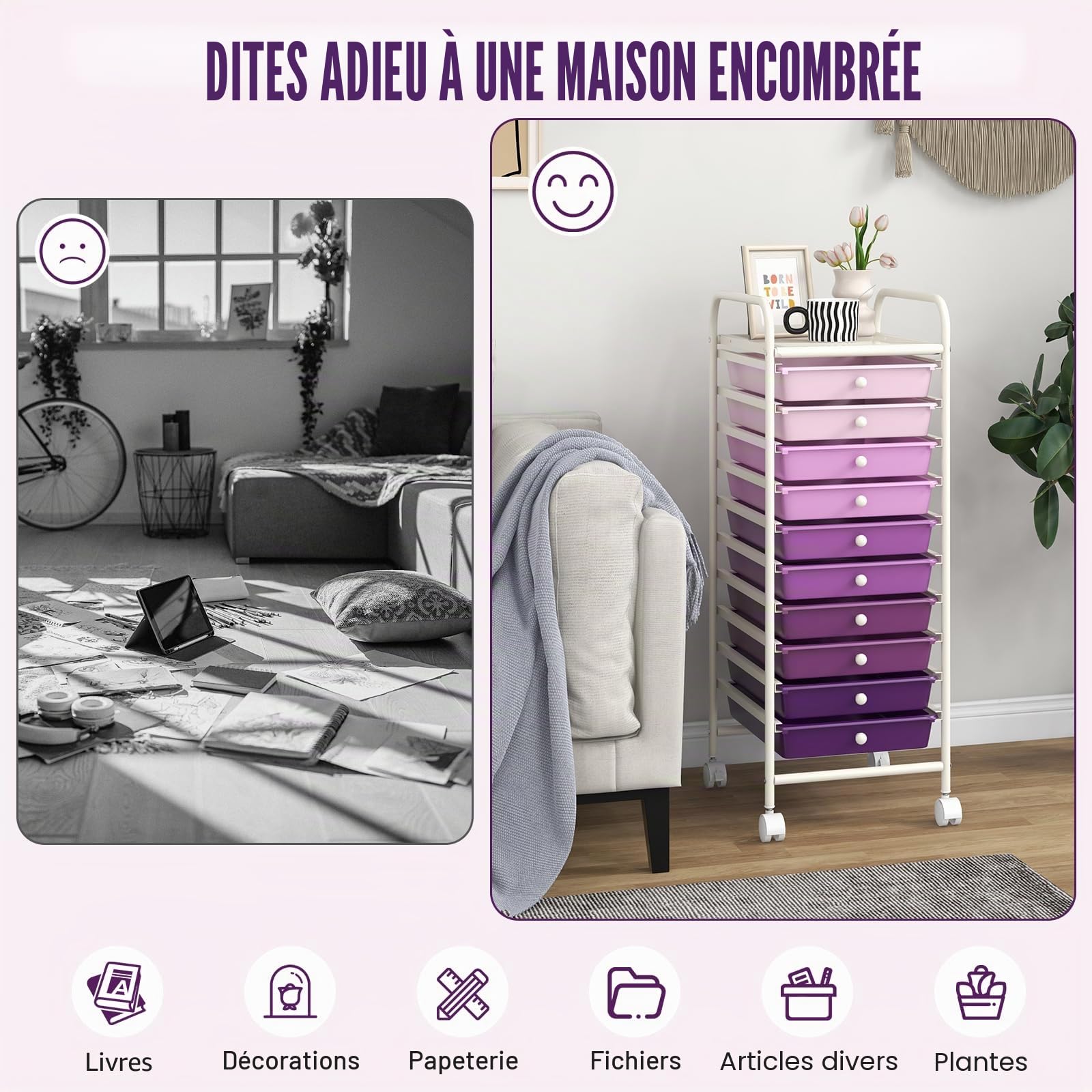 GIANTEX Chariot à roulettes avec 10 tiroirs empilables - Chariot de salle de bain avec roulettes verrouillables - Chariot de rangement - Chariot de rangement - Chariot de ménage - Structure en métal
