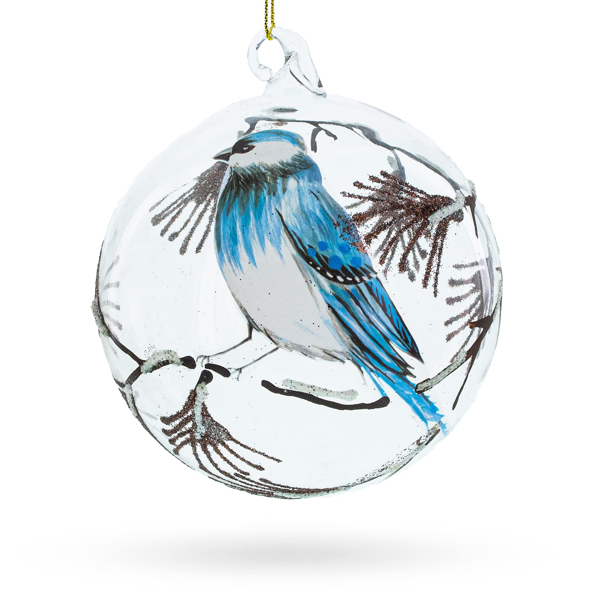 Oiseau bleu sur boule en verre pour decoration de Noel table de fete