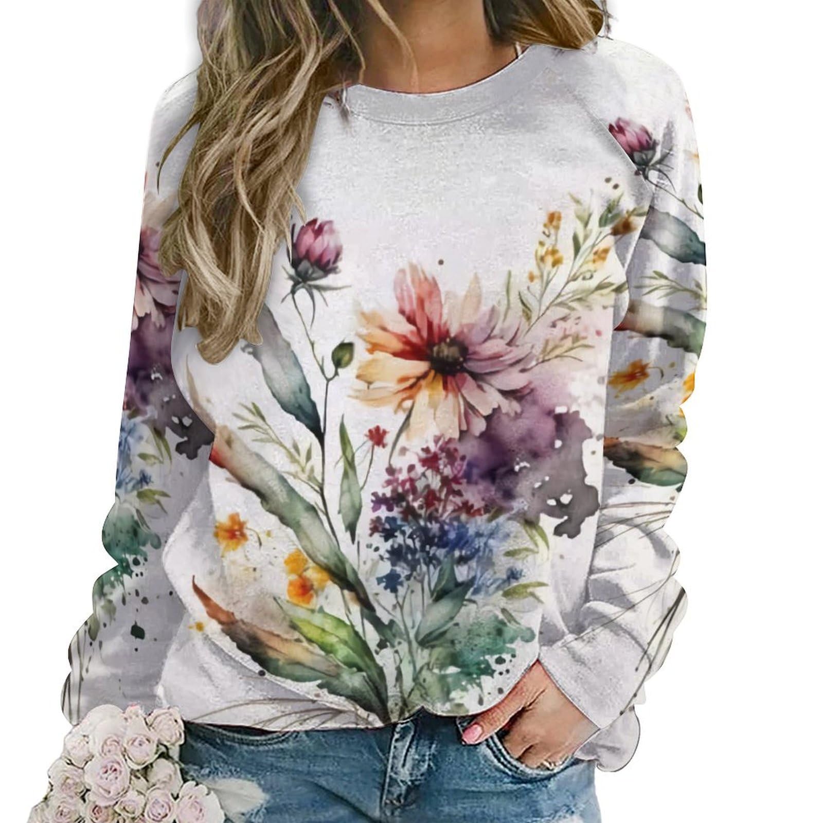 ZOCAVIA Womens Boho Floral Sweatshirts Novelty Graphic Crewneck Long Sleeve Shirts Oversized Fall Casual Flower Pullover Tops