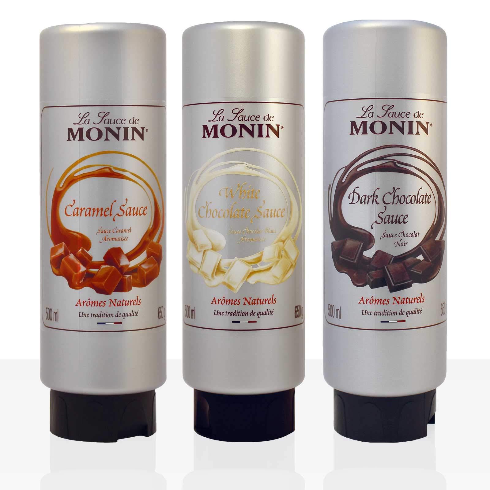 Monin Flavoured Saucen - Set - Karamell - Helle und Dunkle Schokolade - 3er Set - 3 x 500 ml - Hervorragend für Desserts und Getränke