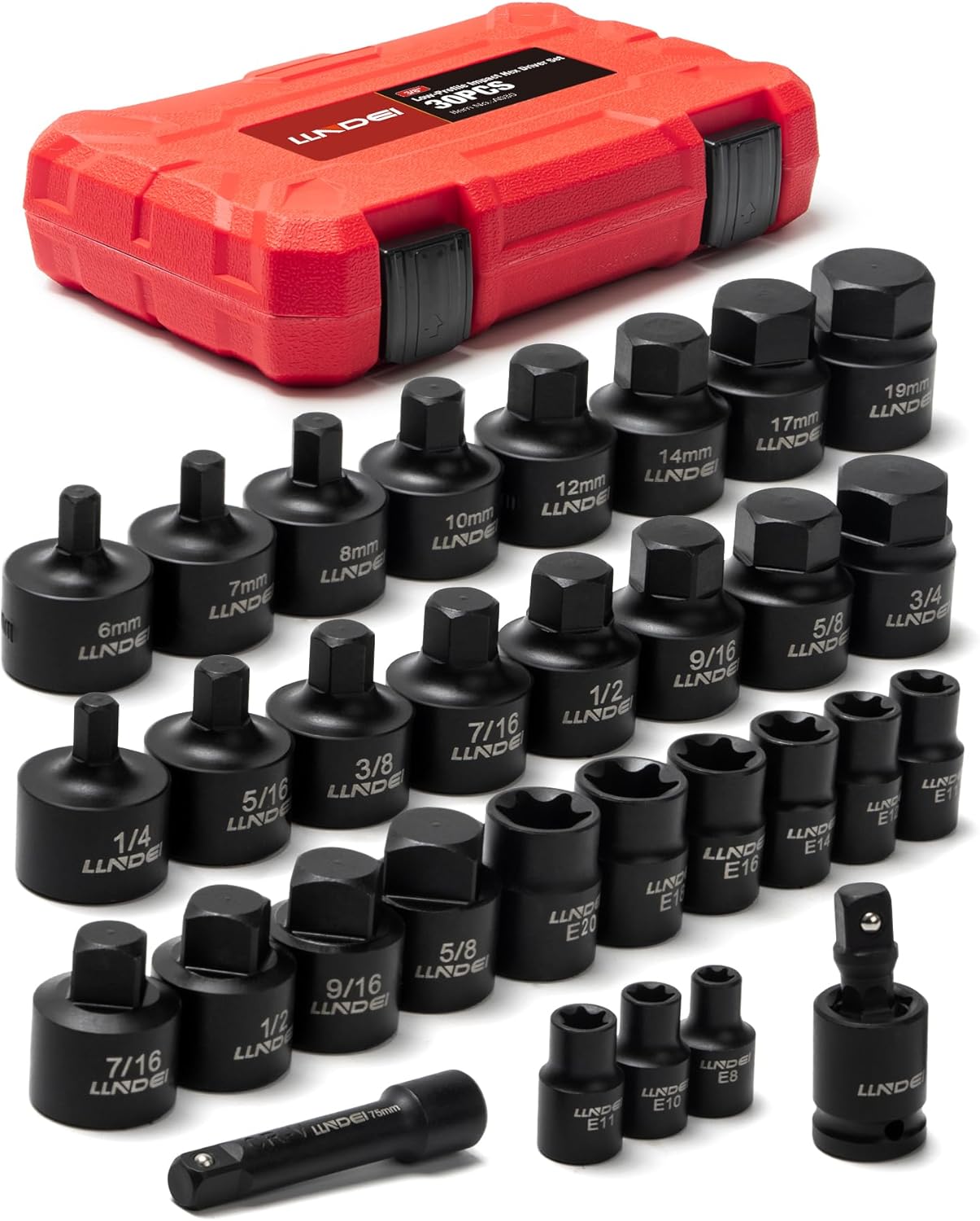 LLNDEI 30PCS 1/4-3/4 SAE/Metric, 3/8 Drive Low Profile Impact Hex Driver Set, 6-19mm, with E-torx Bit Socket Set E8-E20, Square Bit Socket, U-Joint Extension Bar, Cr-Mo, Storage Case