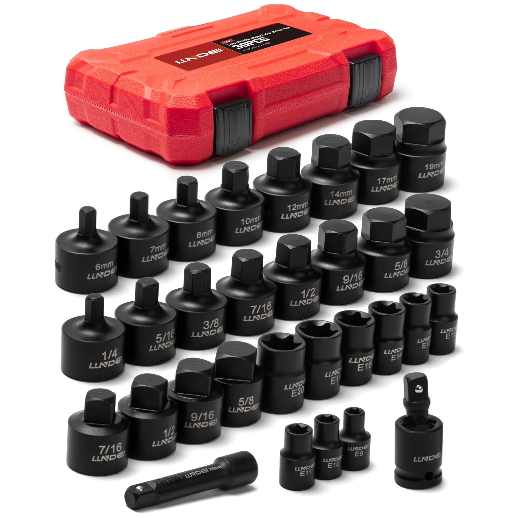 LLNDEI 30PCS 1/4-3/4 SAE/Metric, 3/8 Drive Low Profile Impact Hex Driver Set, 6-19mm, with E-torx Bit Socket Set E8-E20, Square Bit Socket, U-Joint