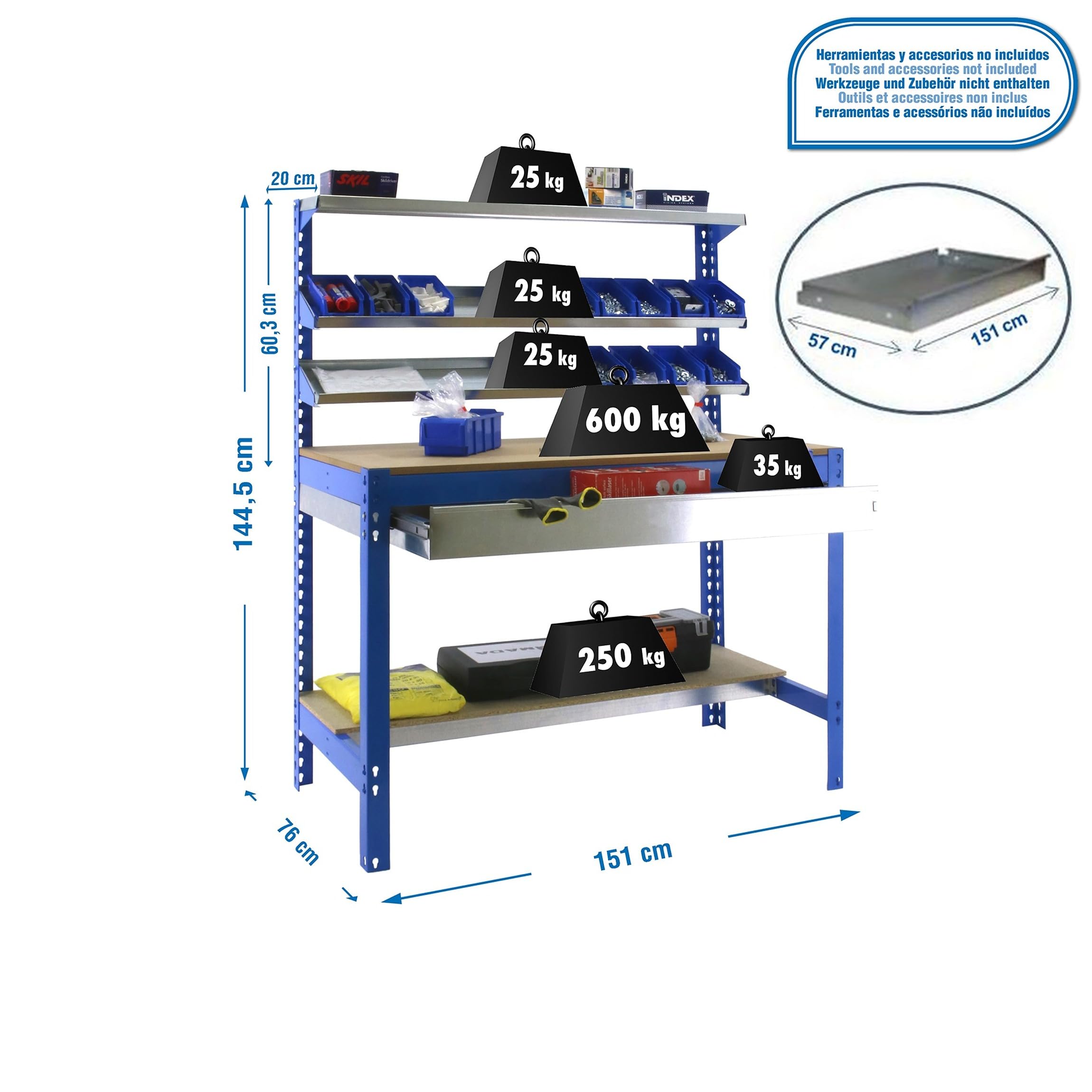 Simon Rack Banco de Trabajo con 3 repisas y cajón 1510x760 mm - BT1 | Capacidad Carga 600 kg, Pintura anticorrosión, Azul , Montaje sistema clic