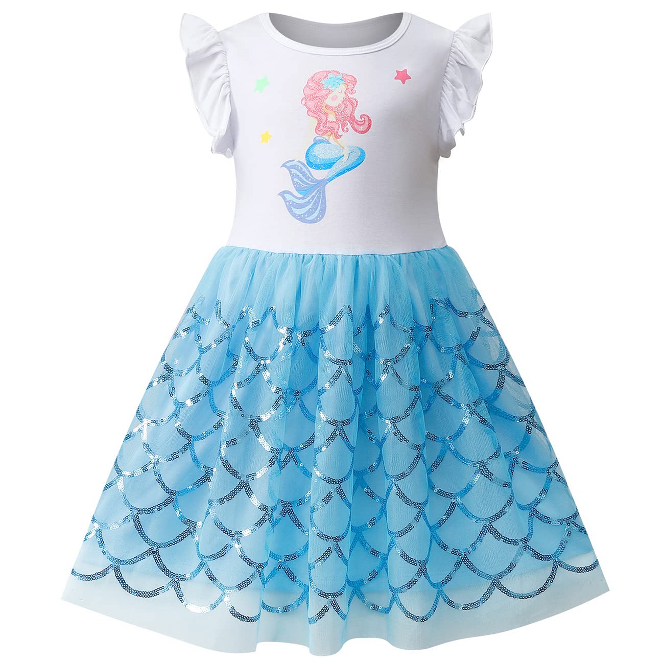 VASCHY Vestidos de Niña, Vestido Manga Corta Vestido Unicornio Princesa Mariposa Sirena Vestidos Ropa Tul Fiesta de Verano Vestido Festivo 2-10 años