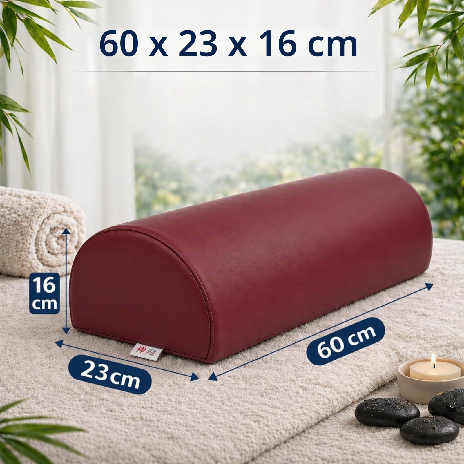 Zen — Rouleau Trois-Quarts pour Tables de Massage et de thérapie 60×23×16cm — Coussin Table de Massage pour la Nuque et Les Genoux — Rouleau pour Les Genoux Semi-Circulaire en Similicuir PU Bourgogne