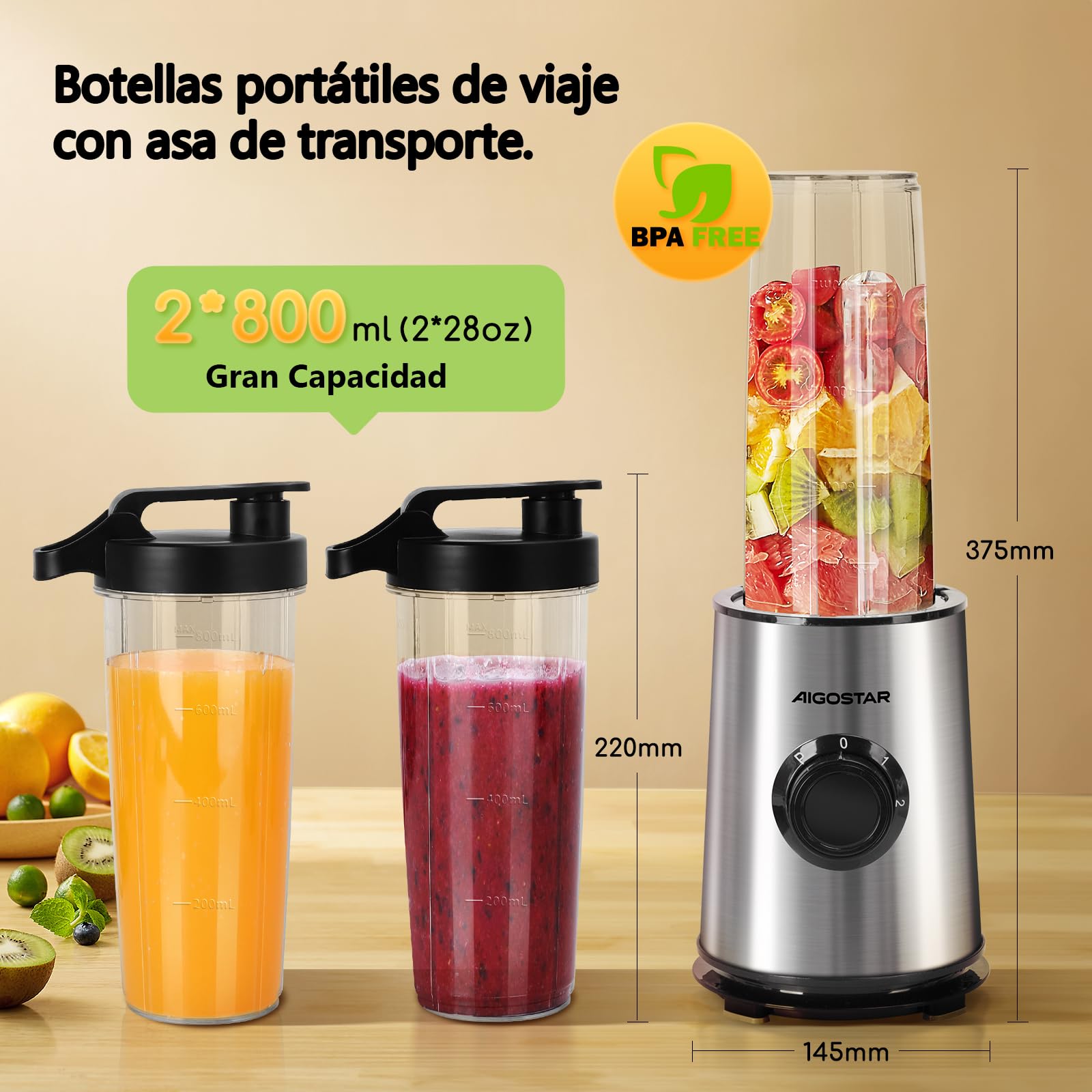 Aigostar Batidora de vaso con dos vasos portátiles de 800ml, 600W potencia. Batidora con vasos de Tritán, libres de BPA, con diseño de acero inoxidable. Perfecta para zumos, batidos y smoothies.