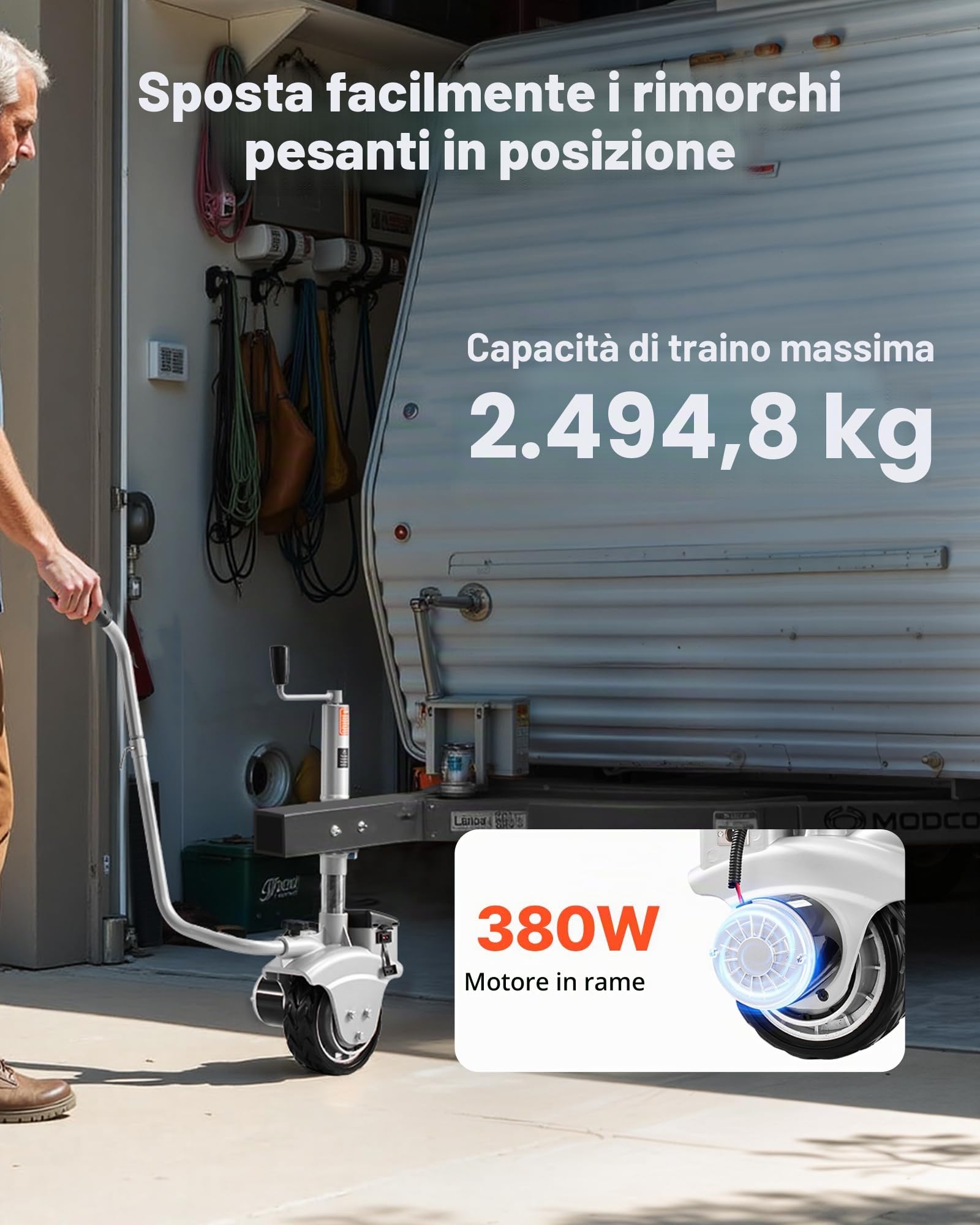 VEVOR Carrello Elettrico per Rimorchio, Ruota di Supporto Motorizzata velocità di Movimento di 7 m/min, Altezza del Morsetto Regolabile 31 a 63 cm, capacità di 2,5 T per Roulotte e Barche