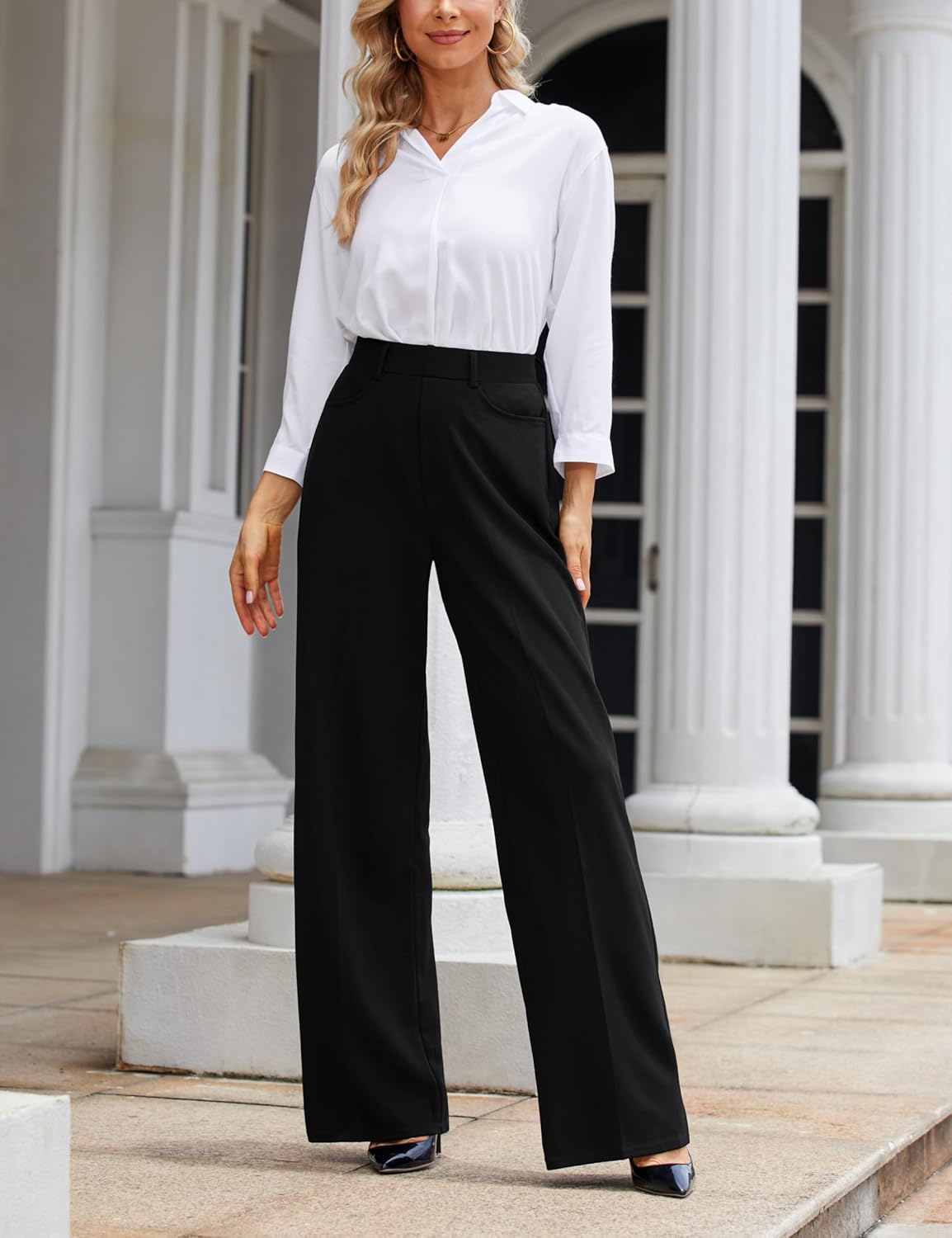 Narcissus Wide Leg Pants Trousers Pants for Women with Belt Loops Work Pants Women High Waisted Slacks for Office Wear