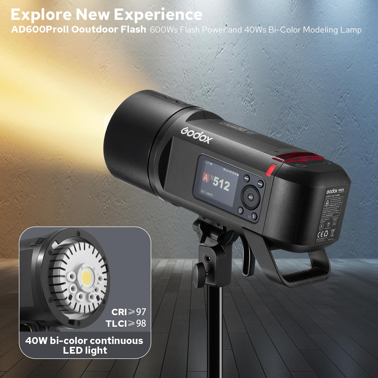 Godox AD600 Pro II Flash Strobe Extérieur 600Ws GN87 1/8000s 2,4G Sans Fil avec 40W Modéling LED, 0,01-0,9s Recyclage, Monture Bowens