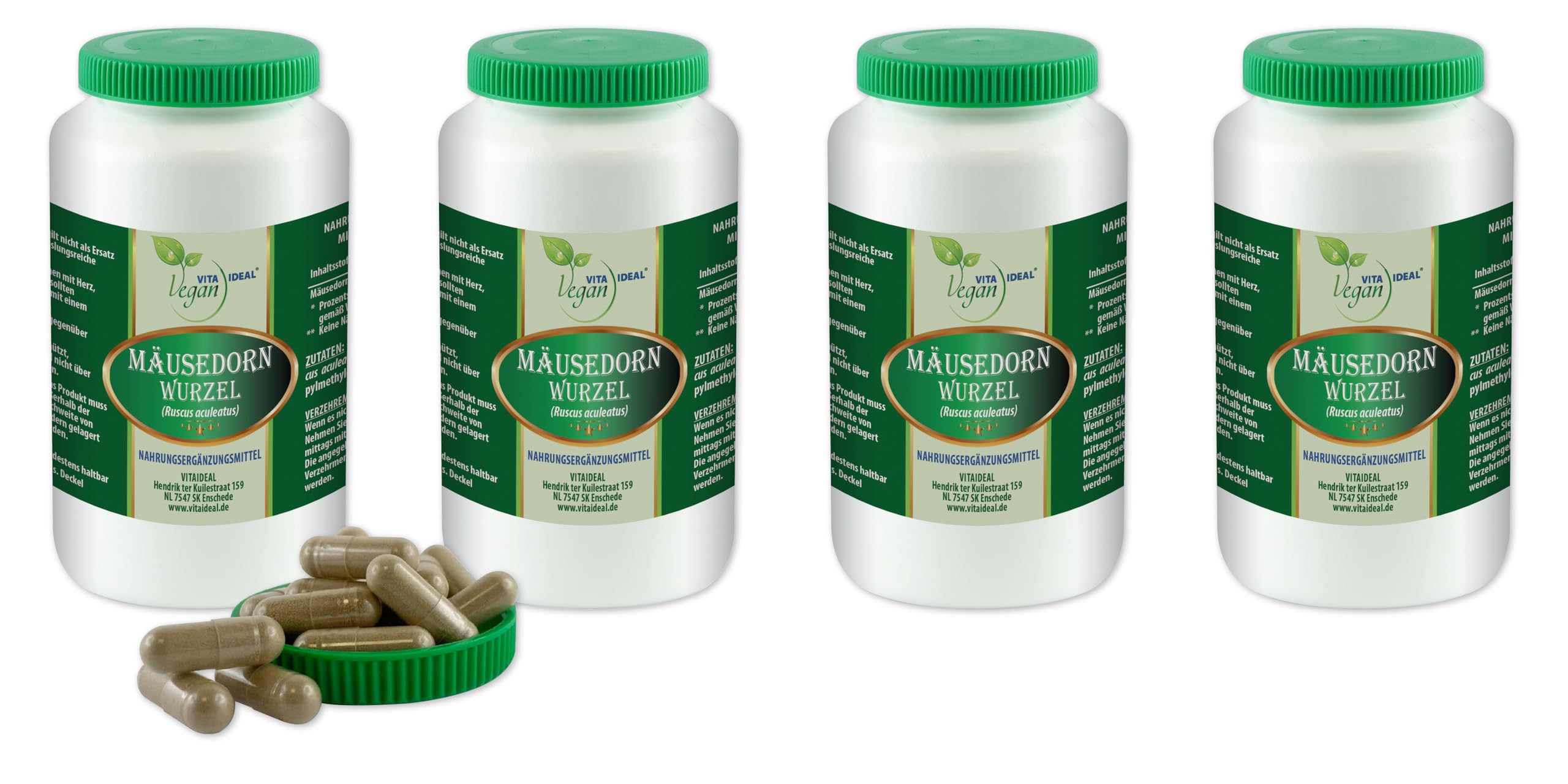 VITA IDEAL Vegan® Stechender - MÄUSEDORN - Wurzel 4x 360 KAPSELN - Ruscus aculeatus - Tagesportion 660mg MÄUSEDORNWURZEL reines Pulver. Natürlich - pflanzlich & ohne Zusatzstoffe.