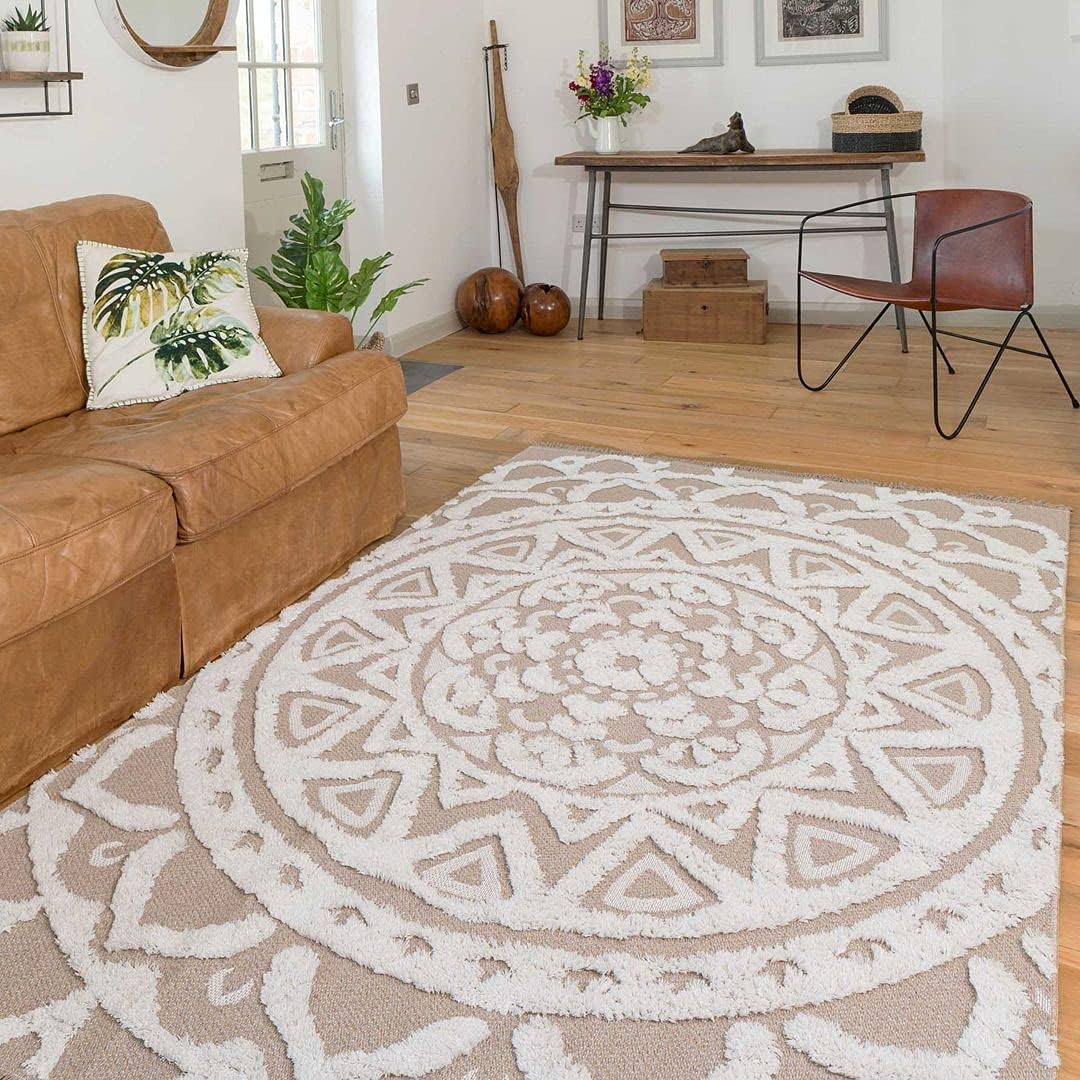 Woven Cotton Flatweave Beige Cream Tufted Hi-Low Pile Carpet Rug Taupe Tribal Mandala Inspired Flat-Weave Lounge Living Room Kids Playroom Bedroom Hallway Mat Area Rugs 60cm x 110cm