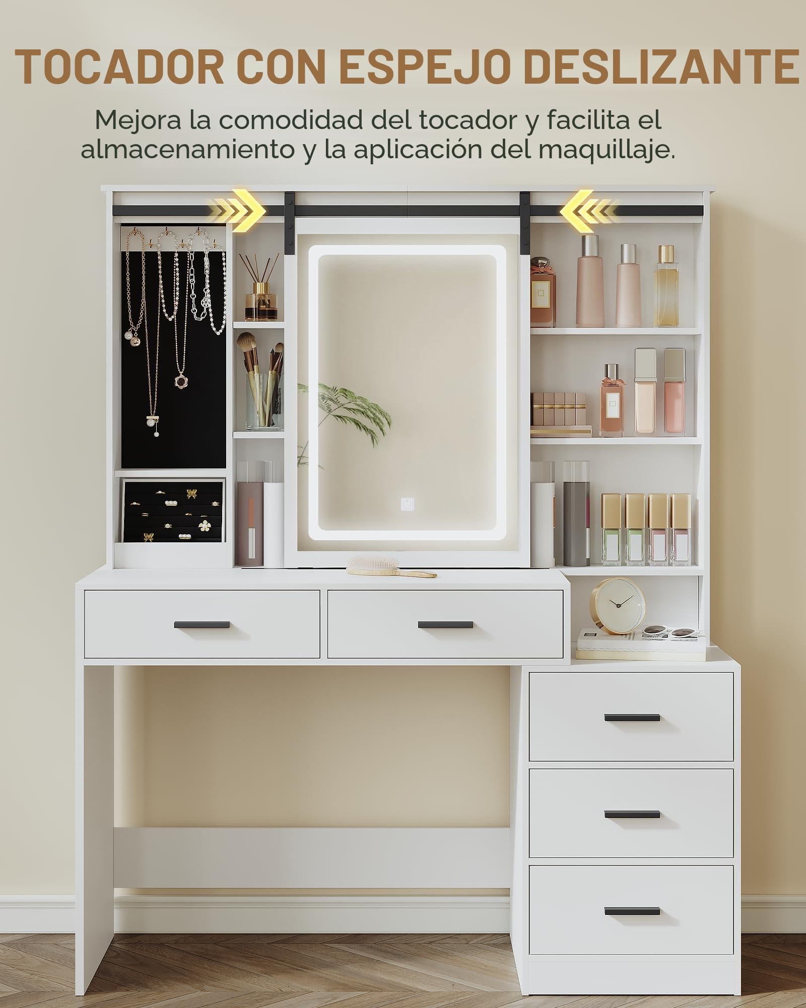 Hzuaneri Tocador de Maquillaje con Luces LED Ajustables, Espejo Grande Extraíble, con Joyero, Estantes Abiertos, 5 Cajones, con Mesita Auxiliar, para Dormitorio, Blanco DT33103X