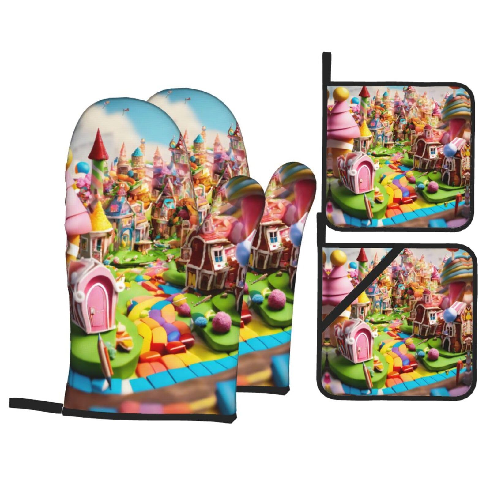 Candy Land Print Oven Microwaving Waterproof Kitchen Gloves for Baking Grilling Holiday Cooking