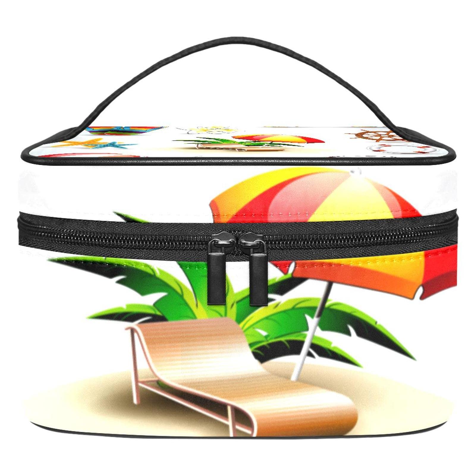 XQSSBWomen Large Professional Travel Makeup Bag Pouch with Summer Elementz Print, Portable Train Cosmetic Case Organizer for Toiletry Jewelry Accessories