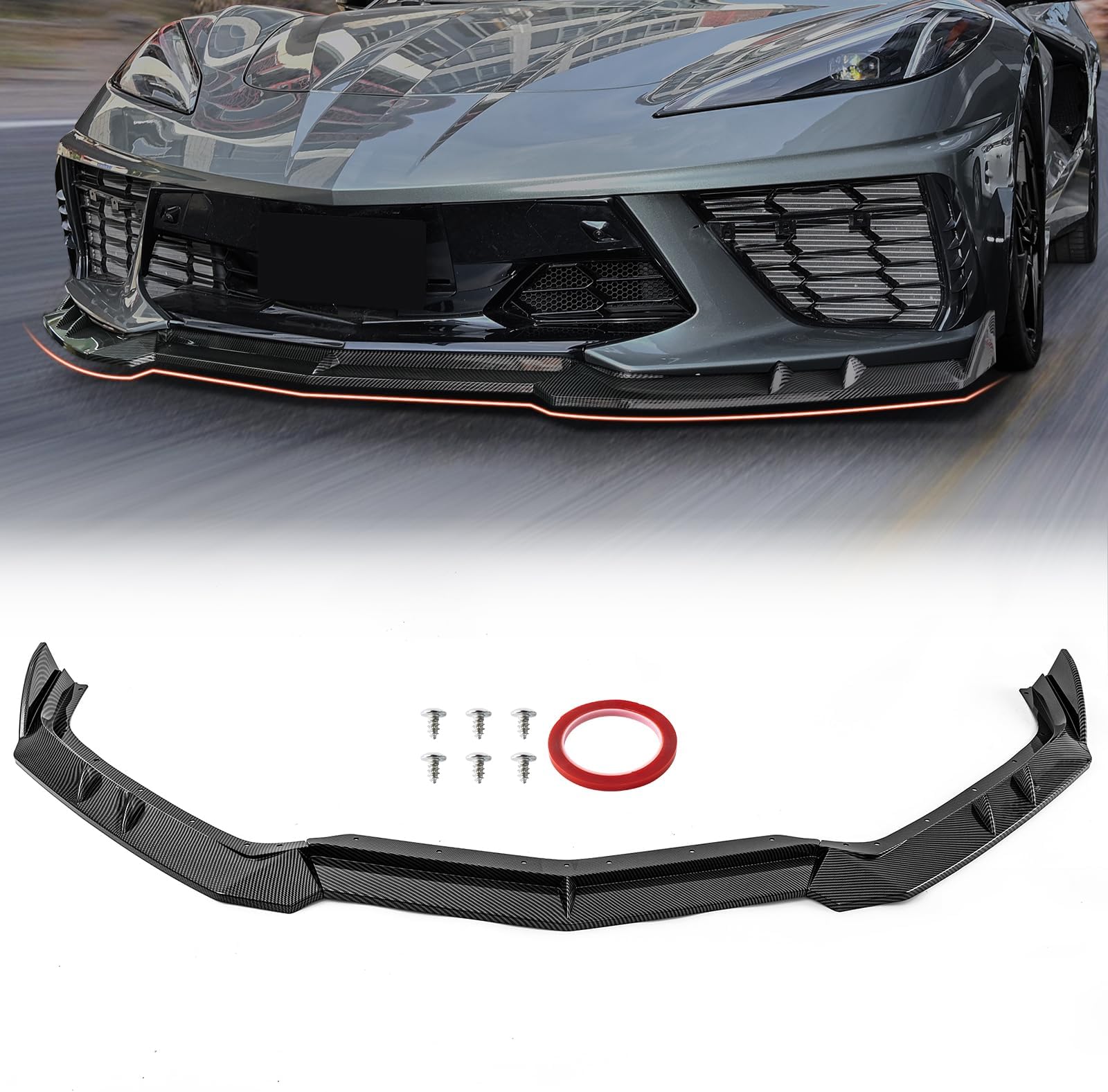 Front Bumper Lip fit for Chevy Chevrolet Corvette C8 Z51 2020 2021 2022 2023 2024,Front Splitter Lower Guard Protector,Carbon Fiber Look Chin Lip Spoiler Splitter Kit,3PCS