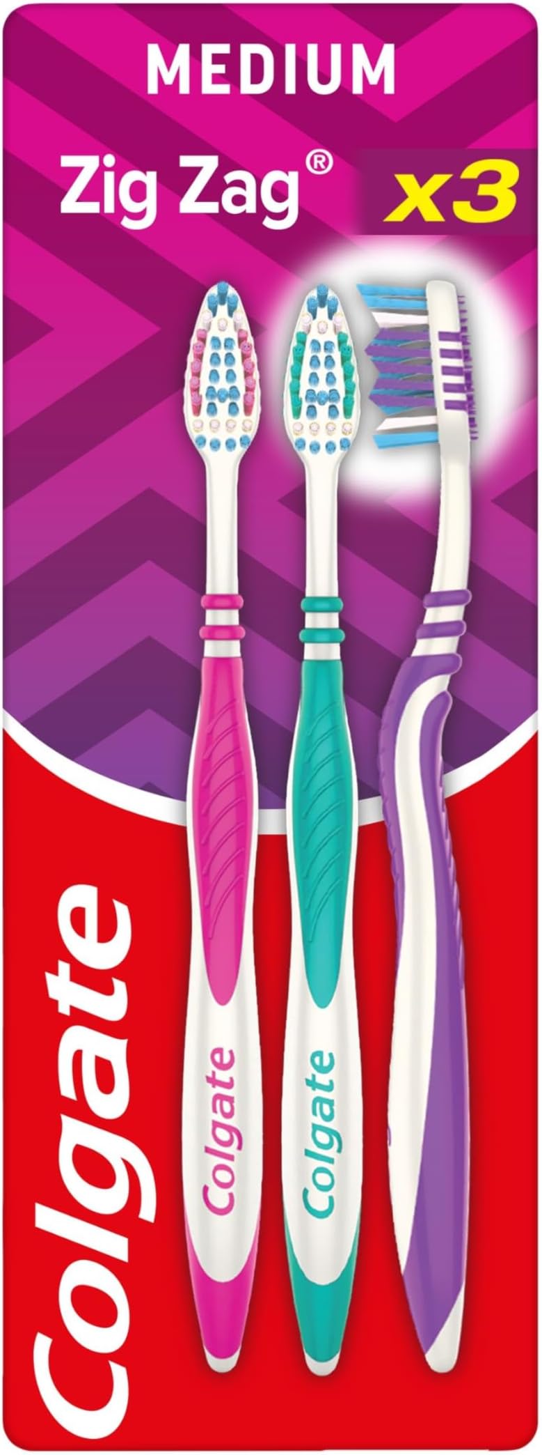 Colgate Zig Zag Medium Manual Toothbrush - Multi Angle Cross Bristles with Flexible Neck for Gum Comfort - 3 Count (Pack of 1)