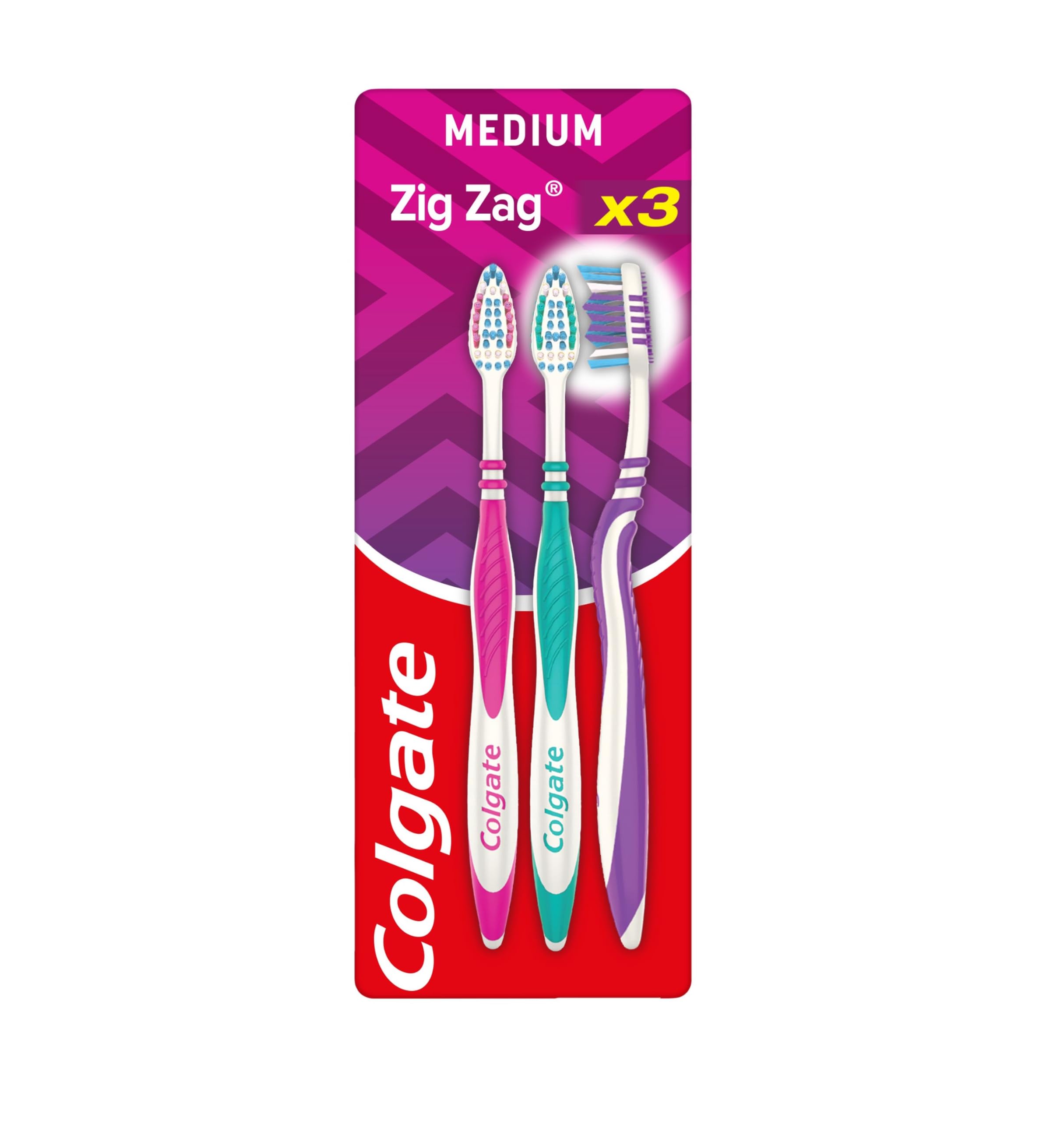 Colgate Zig Zag Medium Manual Toothbrush - Multi Angle Cross Bristles with Flexible Neck for Gum Comfort - 3 Count (Pack of 1)