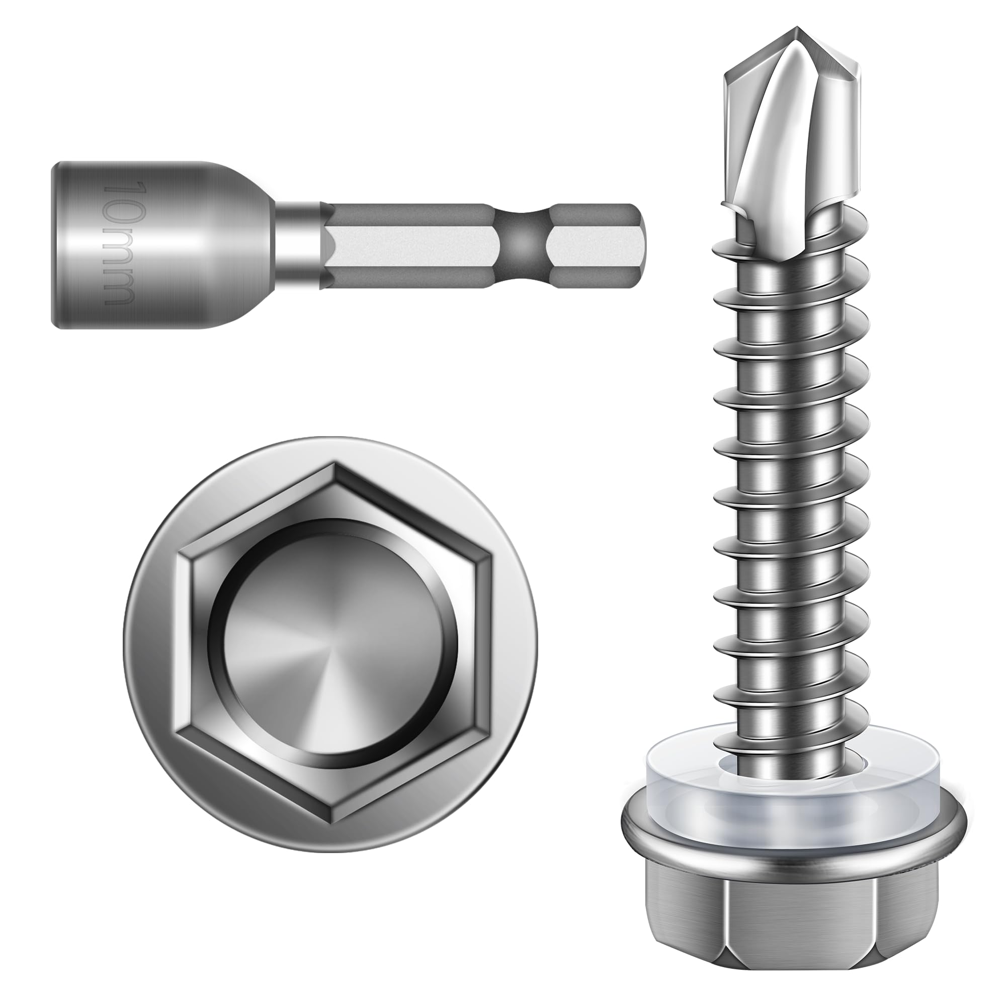 Mywish 150pcs #14×1-1/4" Self Tapping Screws for Metal, Self Drilling Screws for Metal, 410 Stainless Steel, Hex Washer Head Self Drilling Screws,