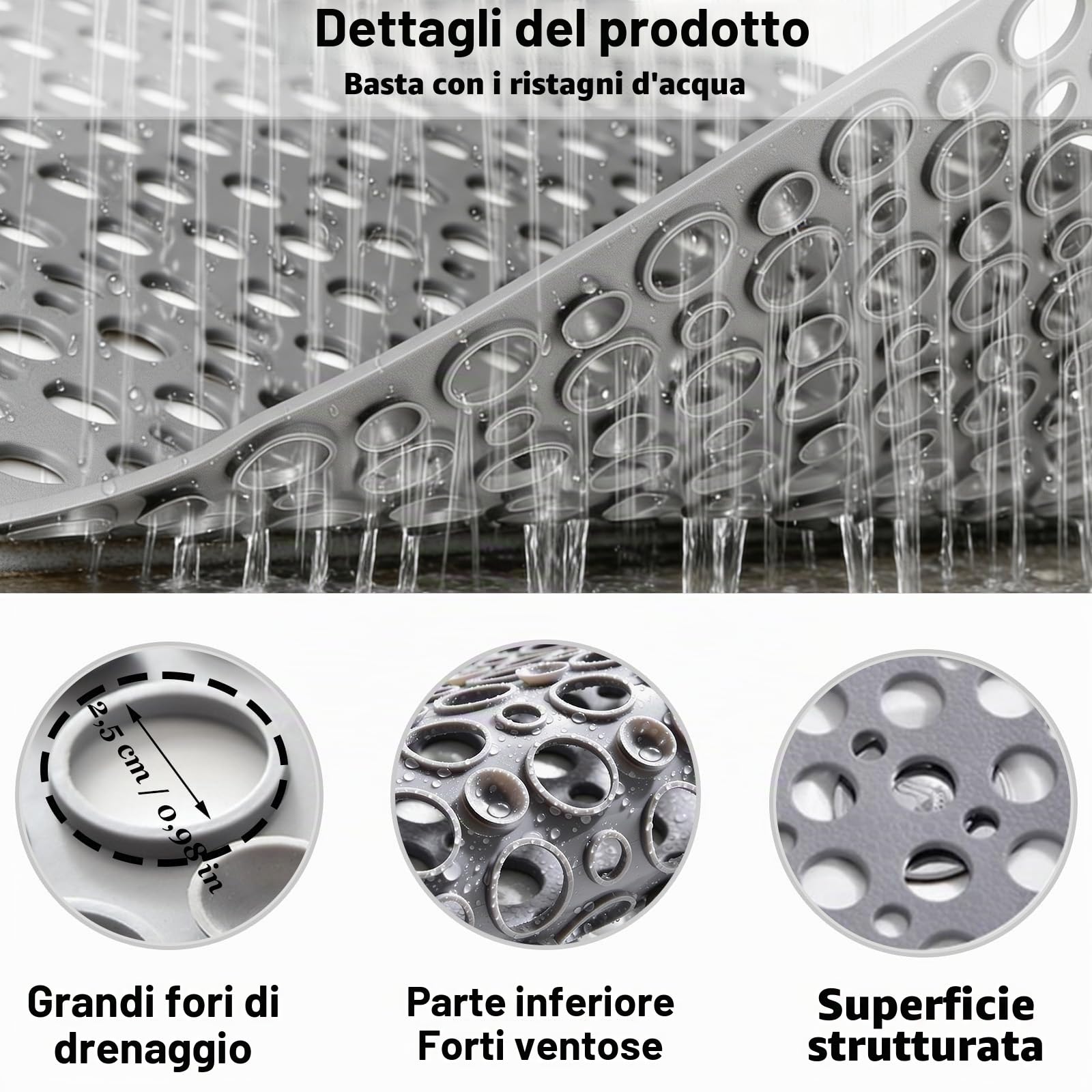 80 x 120 cm Grigio Tappetino Doccia Antiscivolo, Rettangolare Tappeto vasca, Tappeto Doccia Antiscivolo con Ventose e Fori di Drenaggio, Contiene TPE, Utilizzabile in Bagno, Vasca da Bagno e Cucina