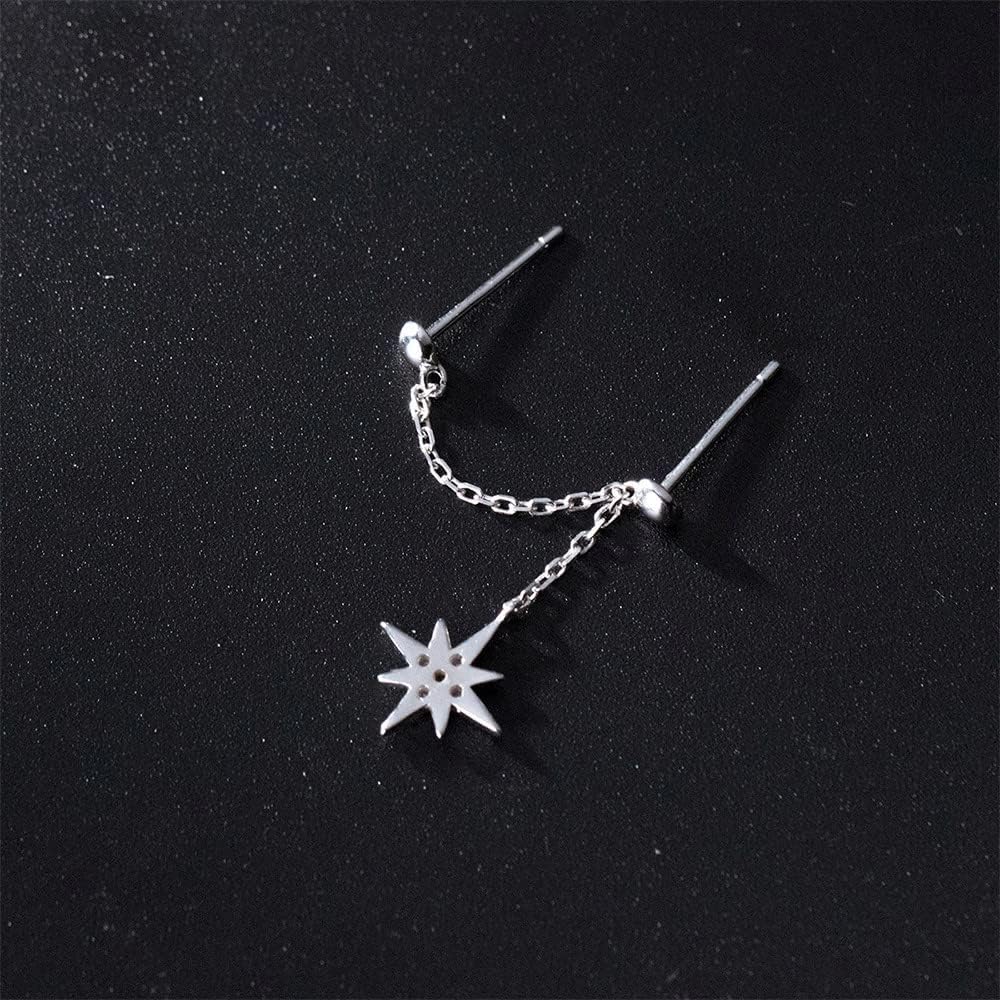 Star Chain 925 Sterling Silver Earrings for Women Hypoallergenic CZ Double Piercing Studs Tassel Dangle Drop Fashion Chic Jewelry - Image 5