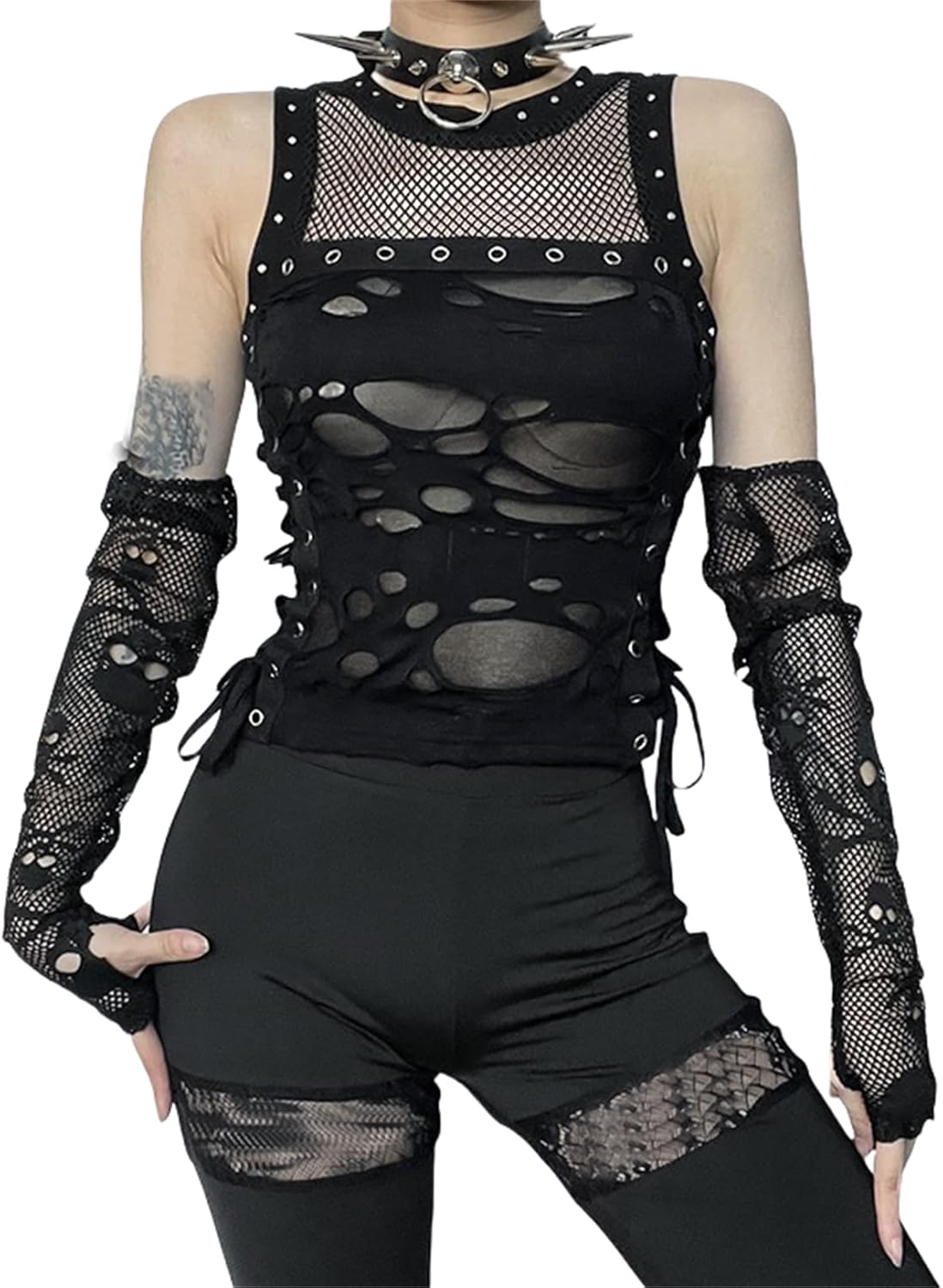 Gothic Crop Tank Top for Women Goth Black Mesh Fishnet Grunge Tops