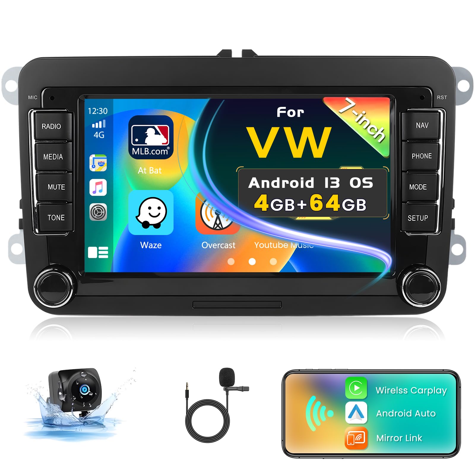 Inefala 4G+64G Android 15 Radio Coche para VW Passat Golf Polo Caddy Tiguan con Inalámbrico Carplay Android Auto, 7" Pantalla Autoradio Bluetoorth con GPS WiFi FM/RDS EQ SWC Cámara Trasera Mic