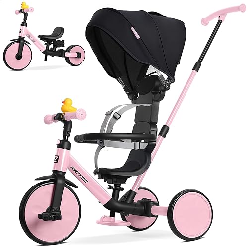 8-in-1 Tricycle for 1.5-5 Years, Tool-Free Switch, Toddler Tricycle with Parent Steering Control Handle for 1.5 to 5 Yrs, Toddler Trike 1.5-3 Years with 5-Point Harness and Large Canopy, Pink