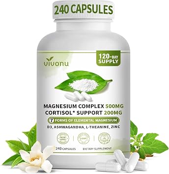 VivoNu Magnesium Complex for Women & Men with Cortisol Support, D3, Zinc, Ashwagandha*, 7 Forms Magnesium Supplement 500 MG - Magnesium Glycinate, l threonate, Citrate for Sleep, Stress* Relief