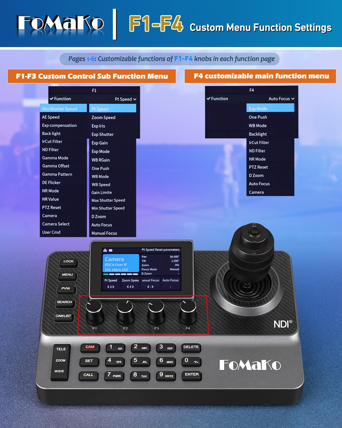 FoMaKo NDI PTZ Kamera Controller IP PoE, mit 4D-Joystick und 3-Zoll Vorschaubildschirm, Visca PELCO D/P RS232 RS485 PTZ Controller für YouTube vMix OBS Live Streaming, NDI-Lizenz Enthalten, KC606N