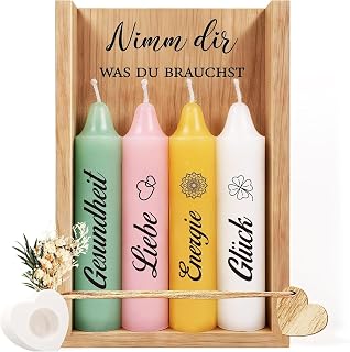Kerzenset mit Kerzenständer – Duftkerzen Geschenkset für Frauen, Mama, Freundin, Schwester, Holzbox Deko mit Spruch – Geschenkidee Geburtstag, Dankeschön & Einzug