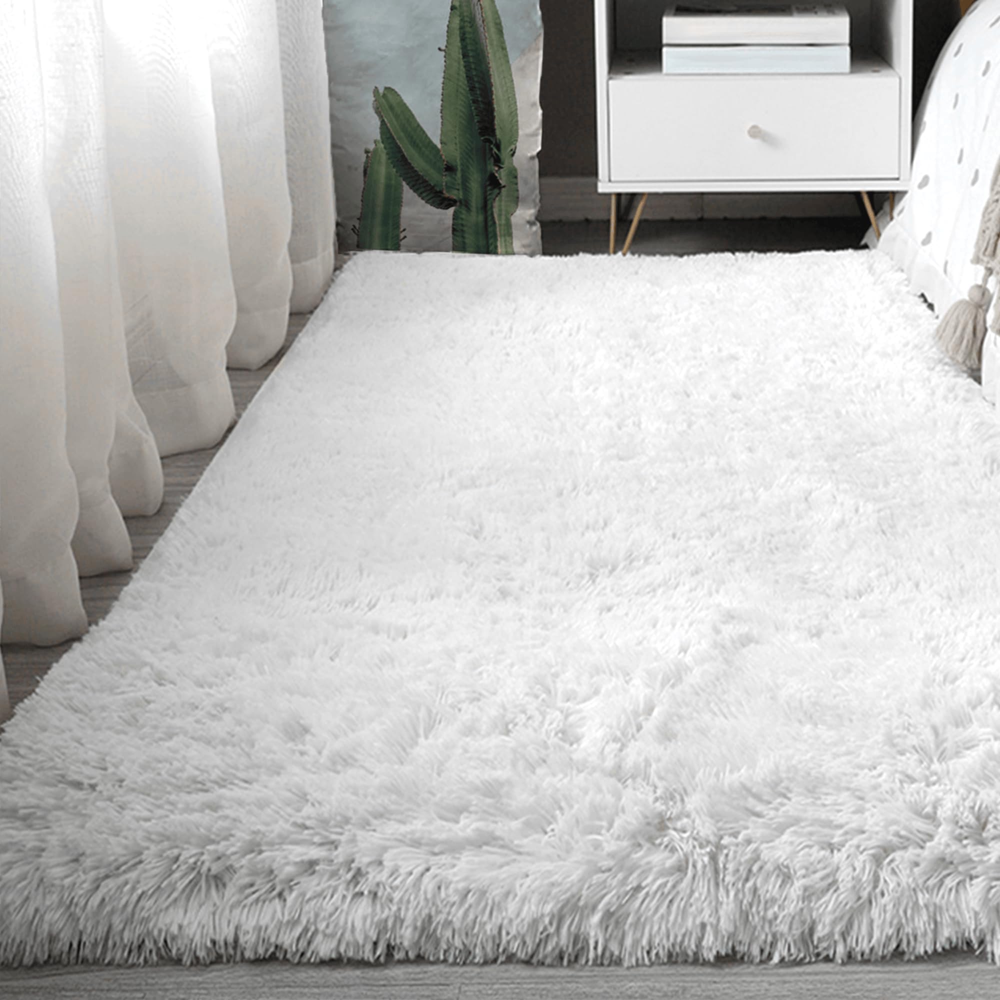 Hochflor Teppich 150 x 300 cm Superweich Flauschig Modern Shaggy Langflor Wohnzimmerteppich Moderner Flauschiger Kuscheliger für Schlafzimmer, Küche, Flur, Weiß