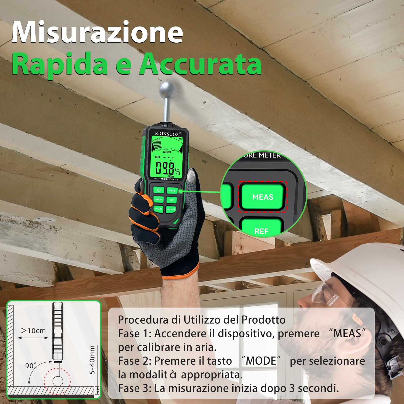 Misuratore di Umidità RDINSCOS Misuratore Umidità Muri con LCD a Colori e Allarme Acustico Rilevatore di Umidità 20-40mm Analisi di Profondità di Umidità per Muri,Pareti, Intonaco, Muratura