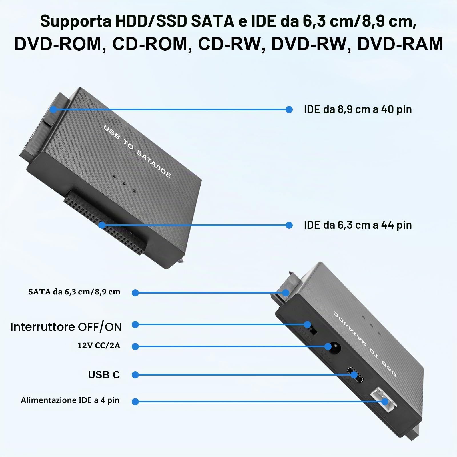6Gbps USB3.1 a SATA IDE Adattatore per Disco Rigido Convertitore SATA&IDE, Adattatore USB3.1 IDEeSATA per Unità HDD o SSD da 2,5 e 3,5 Pollici, CD-ROM, CD-RW, DVD-RW