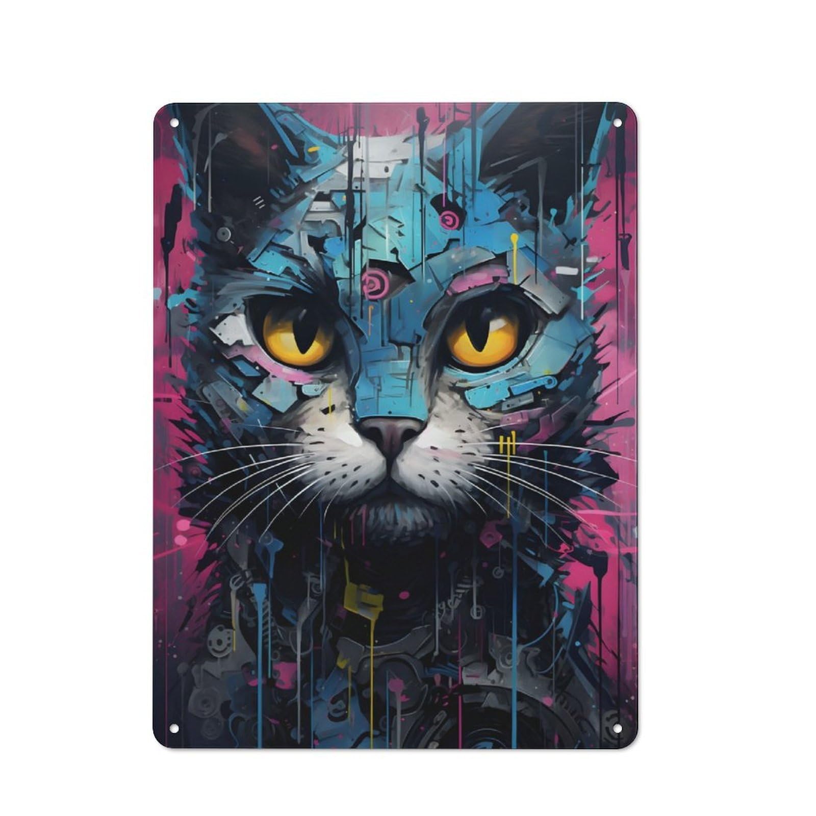 Cyborg Cat Machine Metal Wall Sign 40x30cm, Rustic Decor for Garage Wall, for People Furnishing A Garage
