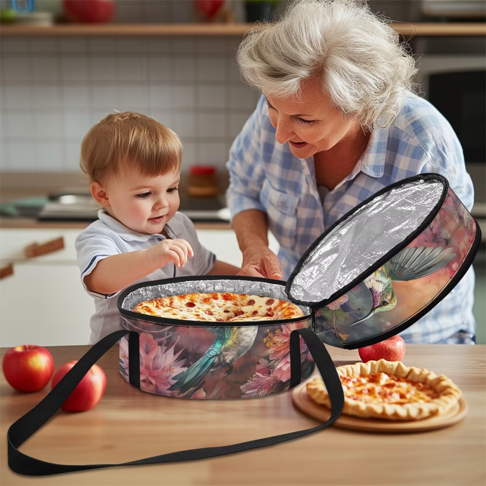 Bivxisrvo Hummingbird Double Casserole Carrier Insulated Pie Carrier with Handle for Hot or Cold Food Picnic Pizza Reusable Travel Carry Bag for Cake and Cheesecake