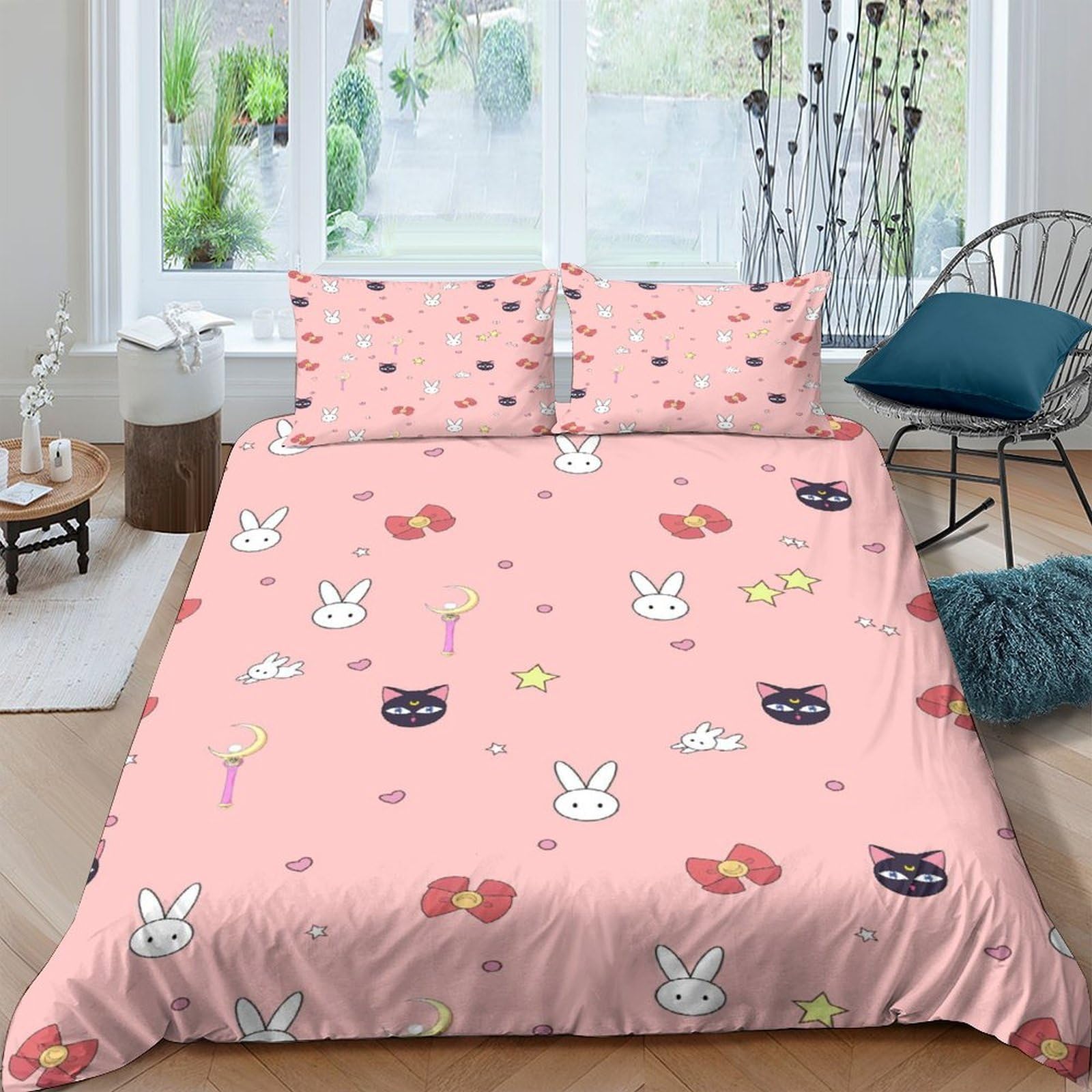 Ctjqhvkz Style-4 3D Printed Cartoon Bunny Fitted Sheet Microfiber Pink Cute Cat Mattress Cover Non-Slip Easy Care For Bedroom Guest Room Single（135X200cm）