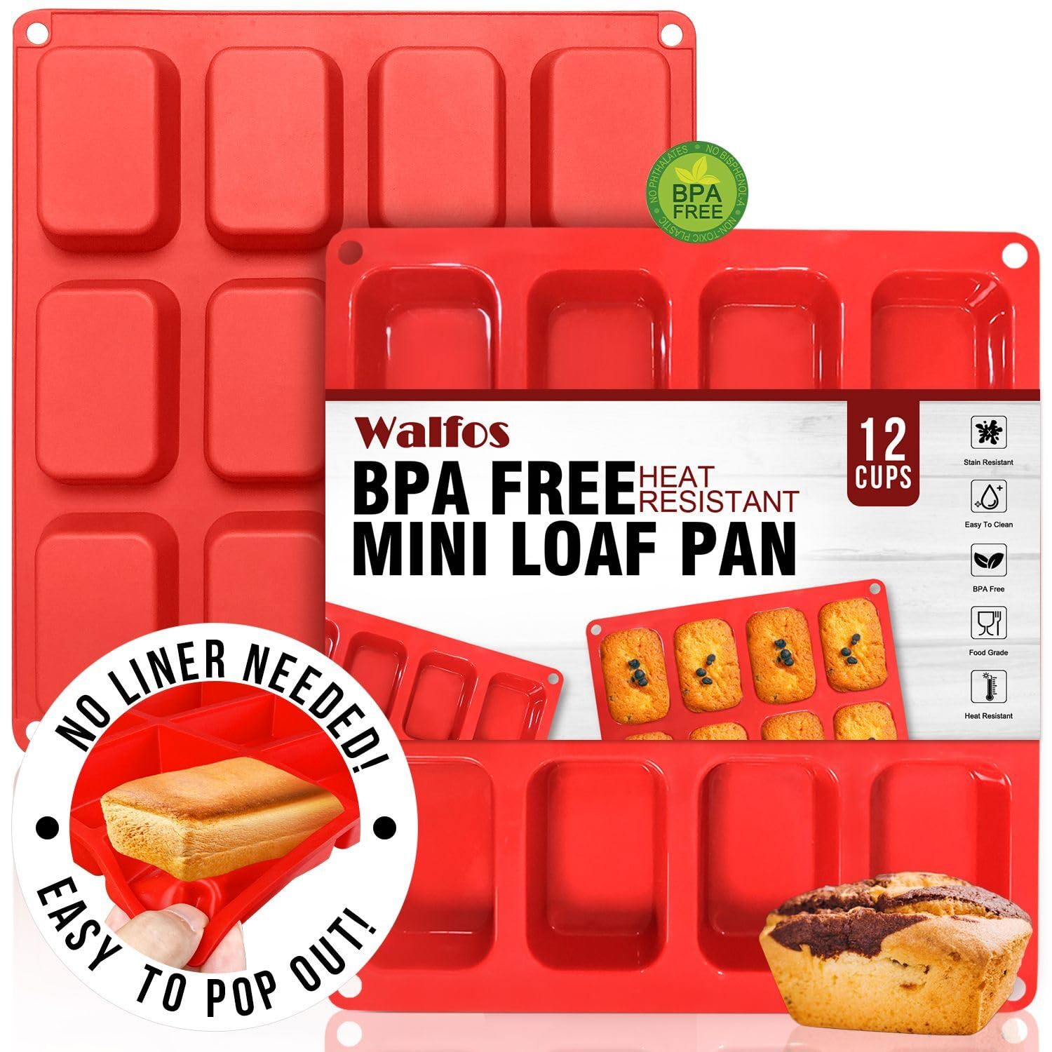 Walfos Silicone Mini Loaf pan, 12 Cavities Mini Bread Pan Brownie Pan, Food Grade & Non-Stick, Ideal for Mini Bread, Brownie, Cornbread, Cheesecake & Chocolate, Set of 2