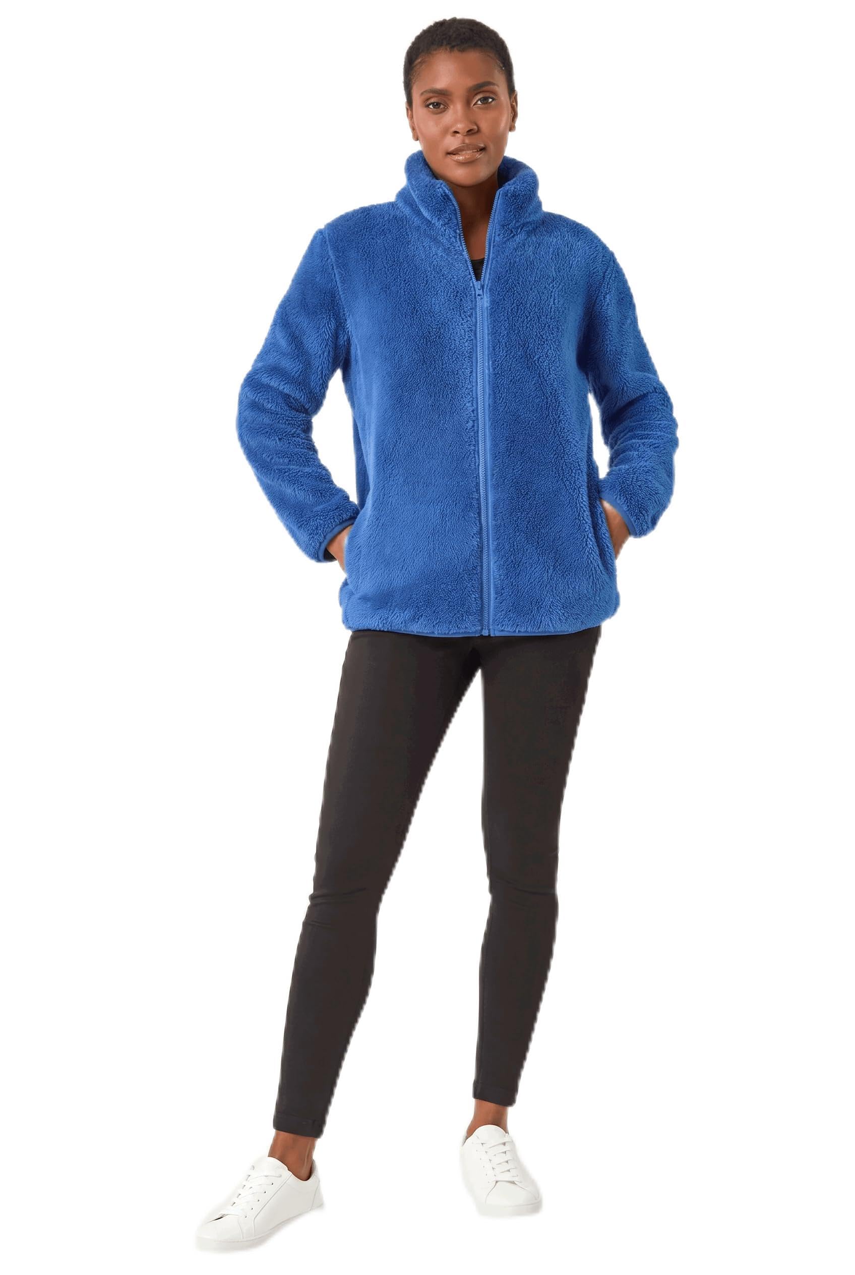 Roman Originals Women's Royal Blue Soft Sherpa Fleece Jacket For Uk - Autumn Everyday Winter Holiday Pull-On Comfy Soft Vacation Work Teddy Coat - Size M