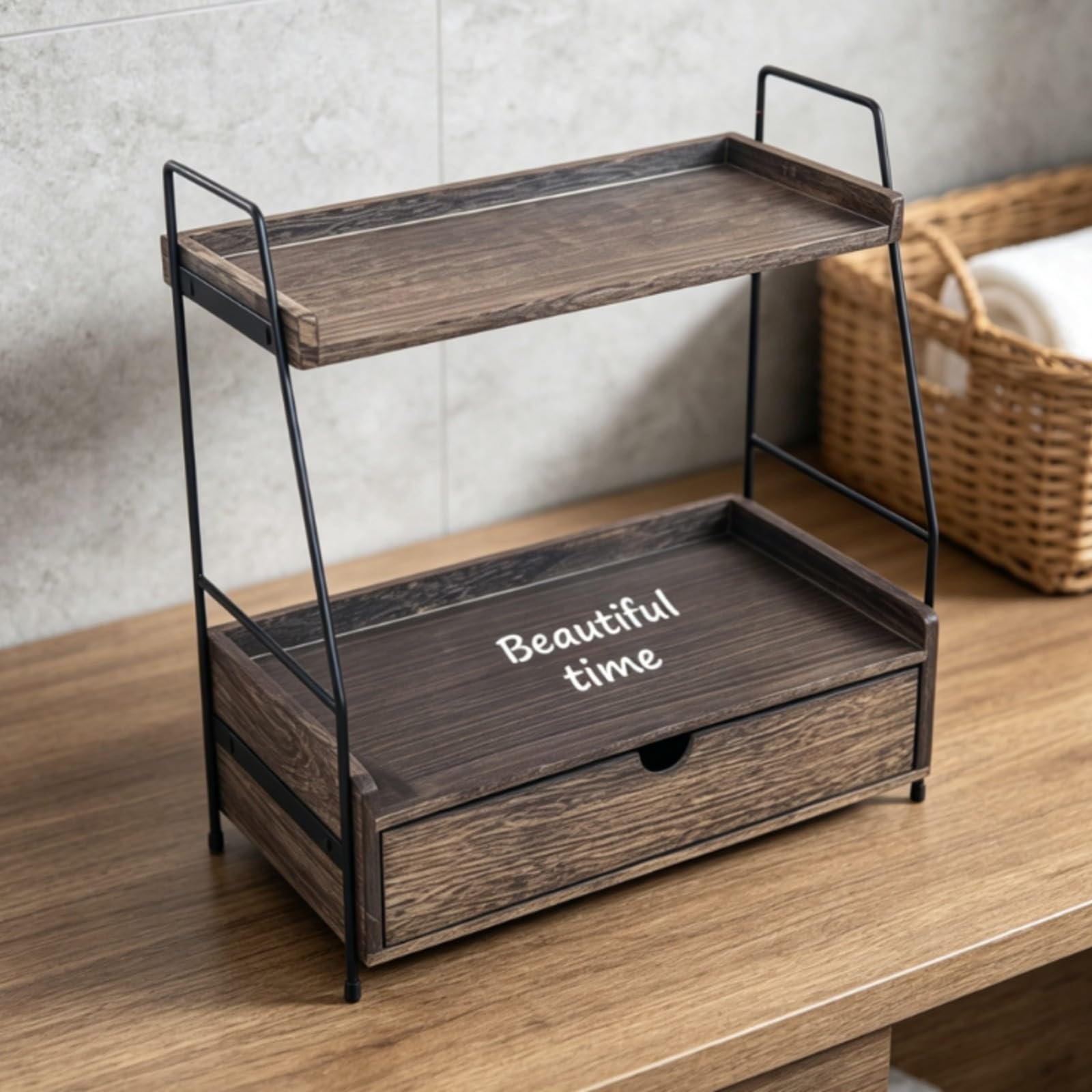 Organizer da Scrivania con Cassetto Inferiore Moderno oggetti da Tavolo in Legno e Met Compatto Struttura di Archiviazione per Bagno