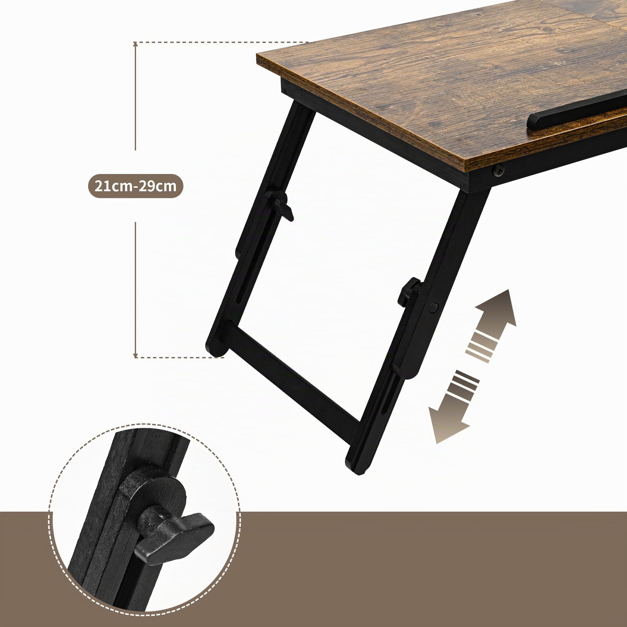 VASMIA Table de lit Pliable pour PC Portable inclinable, Table Pliante, Plateau de Service Petit-déjeuner,Hauteur réglable, étagère de lit, Marron Foncé Rustique
