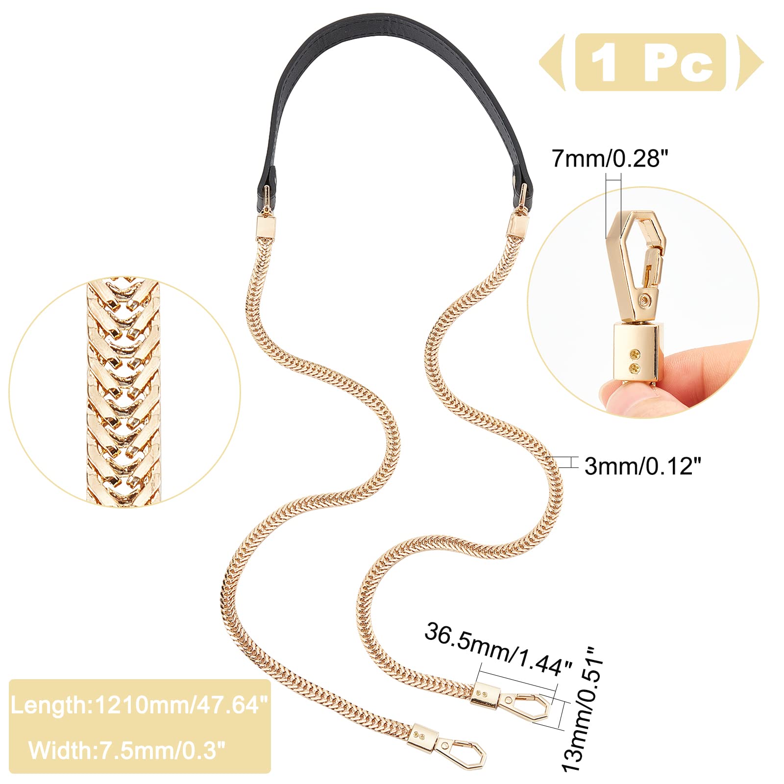 CHGCRAFT Correas de Cadena de Hueso de Serpiente de 47.6 Pulgada Correa de Cadena Plana de Hierro con Piezas de Hombro de Cuero PU para Bolso Cruzado la Luz de Oro 0.28-0.8 Pulgada de Ancho