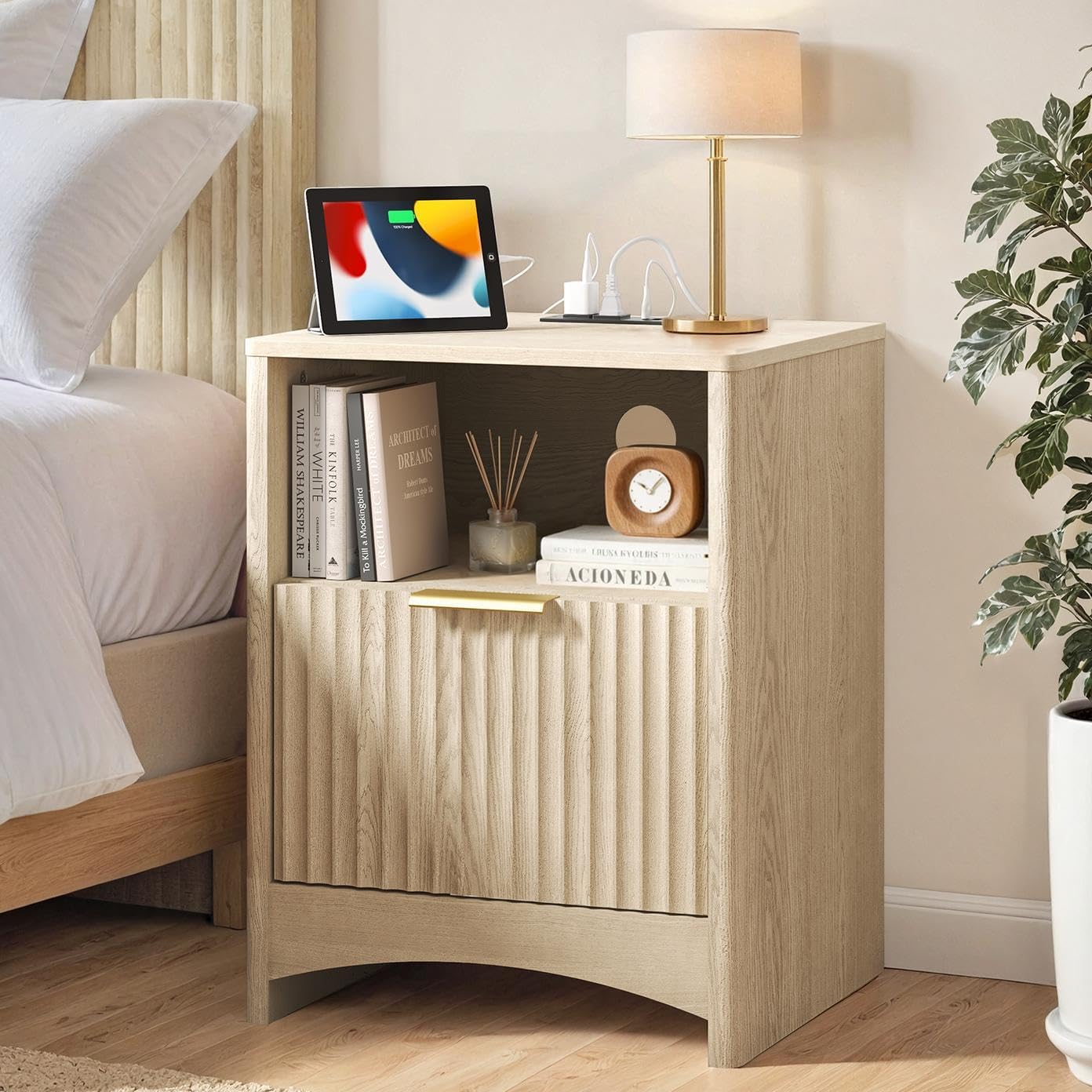 Marsail Fluted Nightstand with Charging Station, Adjustable Bedside Table with USB & AC Ports, 1 Drawer End Table, Wood Grain Finish, Sleek Wide Handle, Perfect for Bedroom, Natural Oak