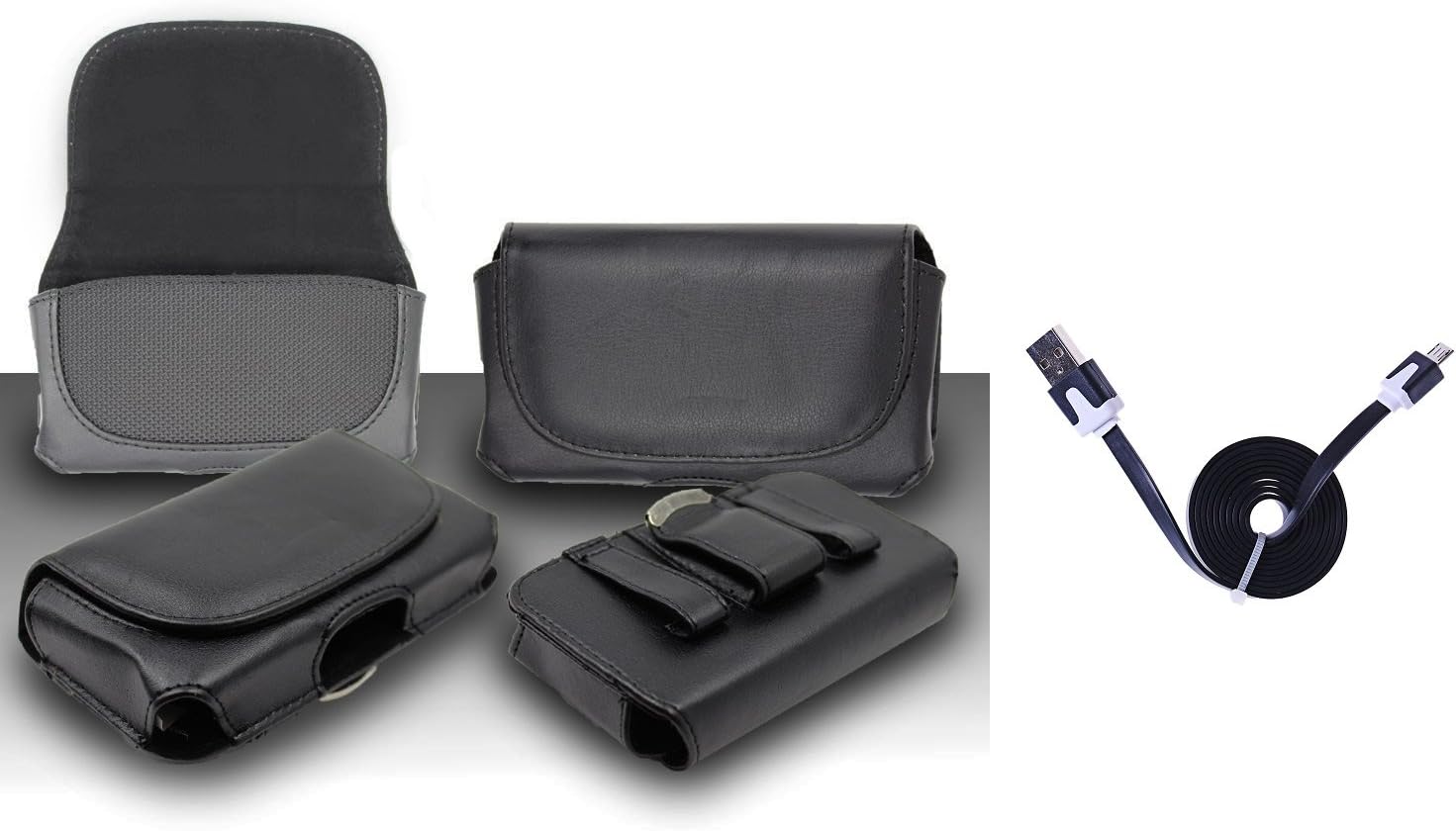 Premium Black Leather Design Horizontal Leather Belt Case Clip Holster Pouch Cover Suitable For ZTE Rapido LTE Z932L / Z932C (Fit for Single Phone With Thin Case or Back Cover Together) + 1 of 1M/3Feet Stylish Micro USB To USB 2.0 Data Sync Charger Flat Cable