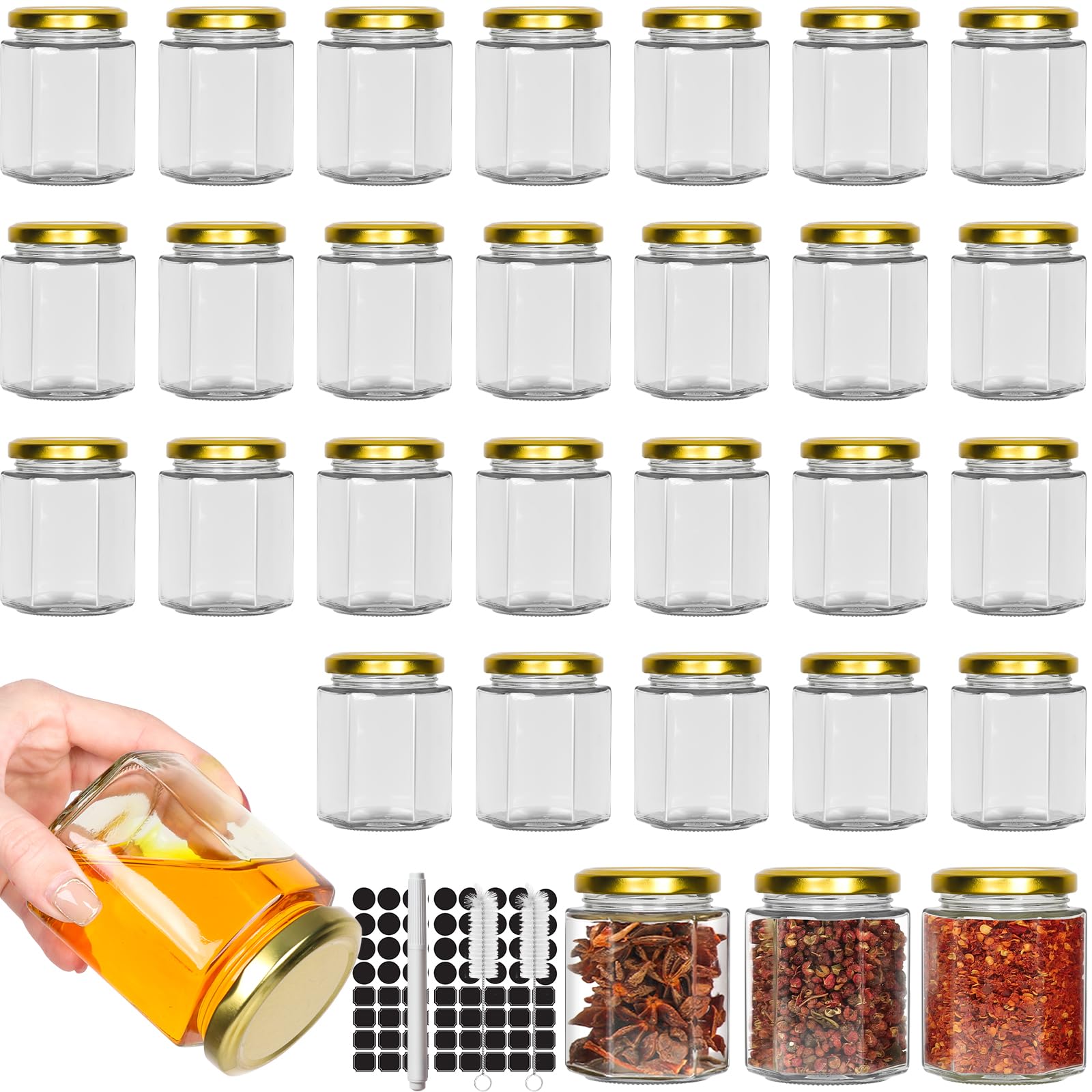 CulnCraz 180 ml Hexagonal Glass Jars with Gold Lids, 30 Pack 6 oz Airtight Canning Jars, Food Storage Contains for Spice, Jam, Honey, Yogurt, with 2 Brushs, 80 Stickers and1 Pen for Labeling
