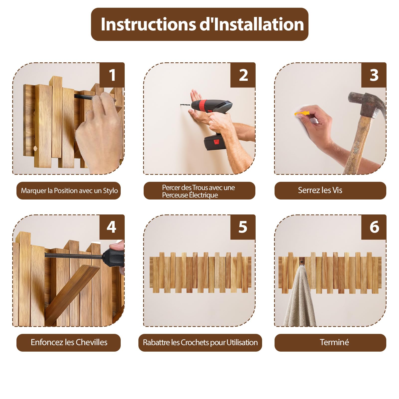 Crochets Pliables En Bois, Porte-Manteau Mural En Bois, Porte-Manteau Design Moderne, Étagère en boi avec 8 crochets, Convient Aux Couloirs, Salles De Bains Et Chambres (42,5 X 16 X 2,5 cm)