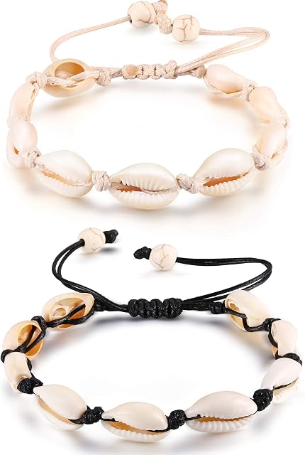 2 Pieces Natural Cowrie Shell Anklet Seashell Crochet Ankle Bracelet Handmade Boho Shell Bead Anklet Adjustable Anklet Jewelry for Women Girls Hawaii Beach Parties