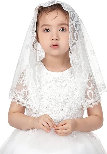 PAMOR Velos de primera comunión para niñas, velo de capilla de encaje, velos de mantilla, velo de iglesia latina para bautismo católico en forma de D