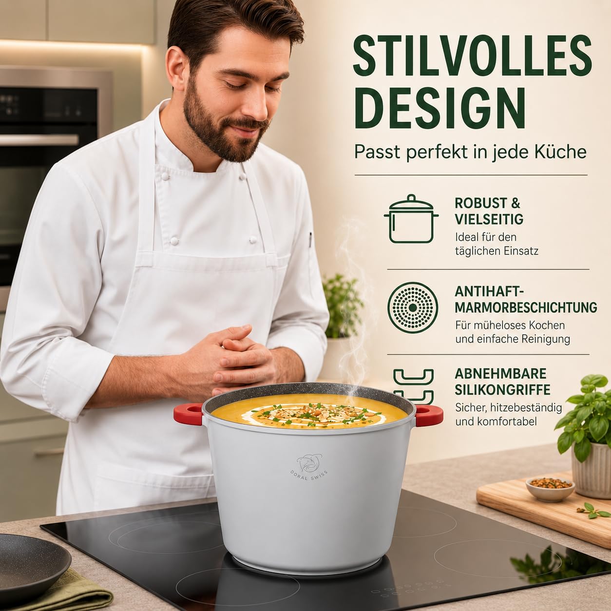 Royal Swiss Suppentopf 6,2 liter Ø24 cm cream white, Antihaft Kochtopf mit Glasdeckel, Abnehmbaren Griffen, Induktion Gas Elektro Keramik Halogen, Backofenfest Ohne Griffe