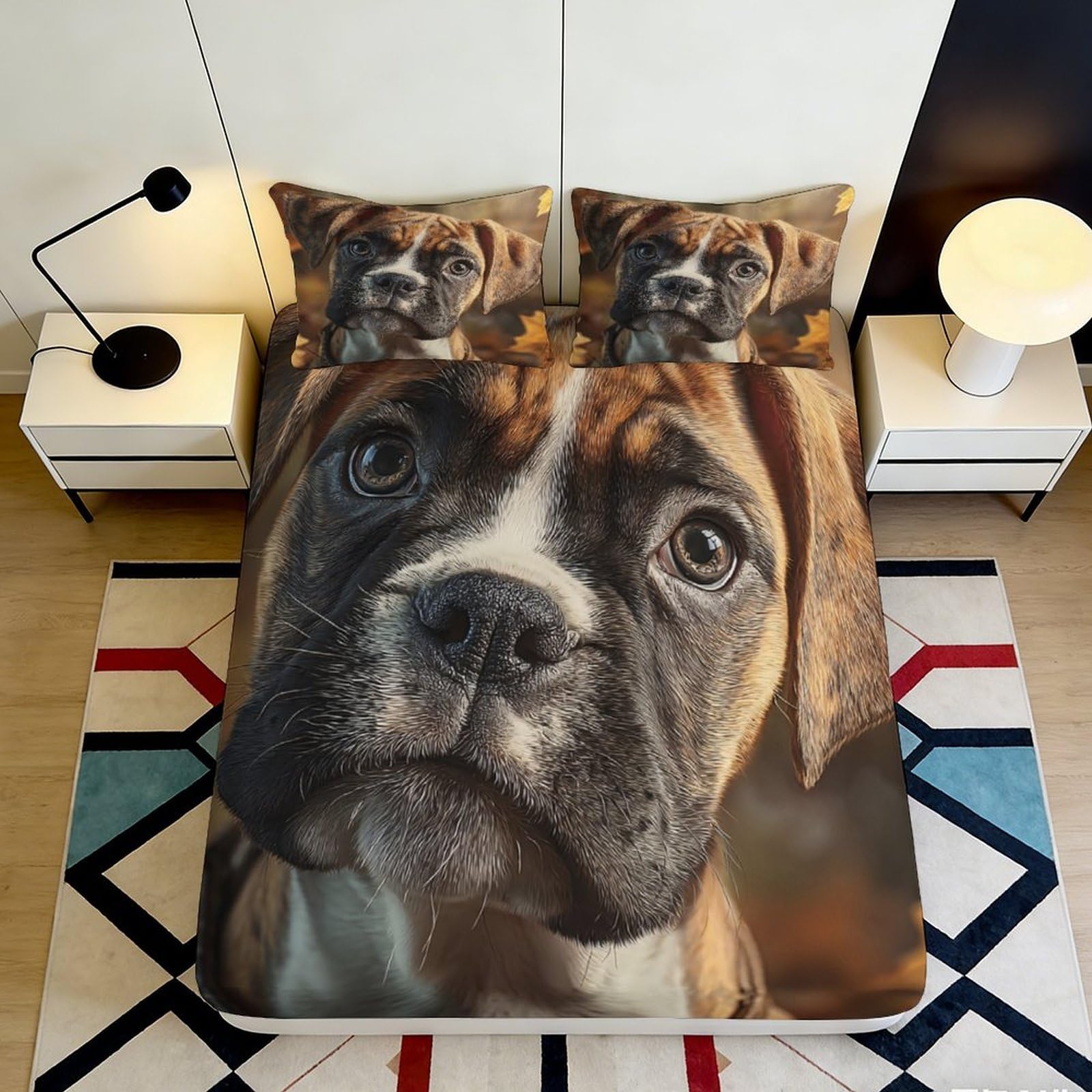 3D Printed Boxer Dog Fitted Sheet Microfiber Soft Anti-Slip Realistic Puppy Mattress Cover for Bedroom Dorm Decor 90x200x25cm
